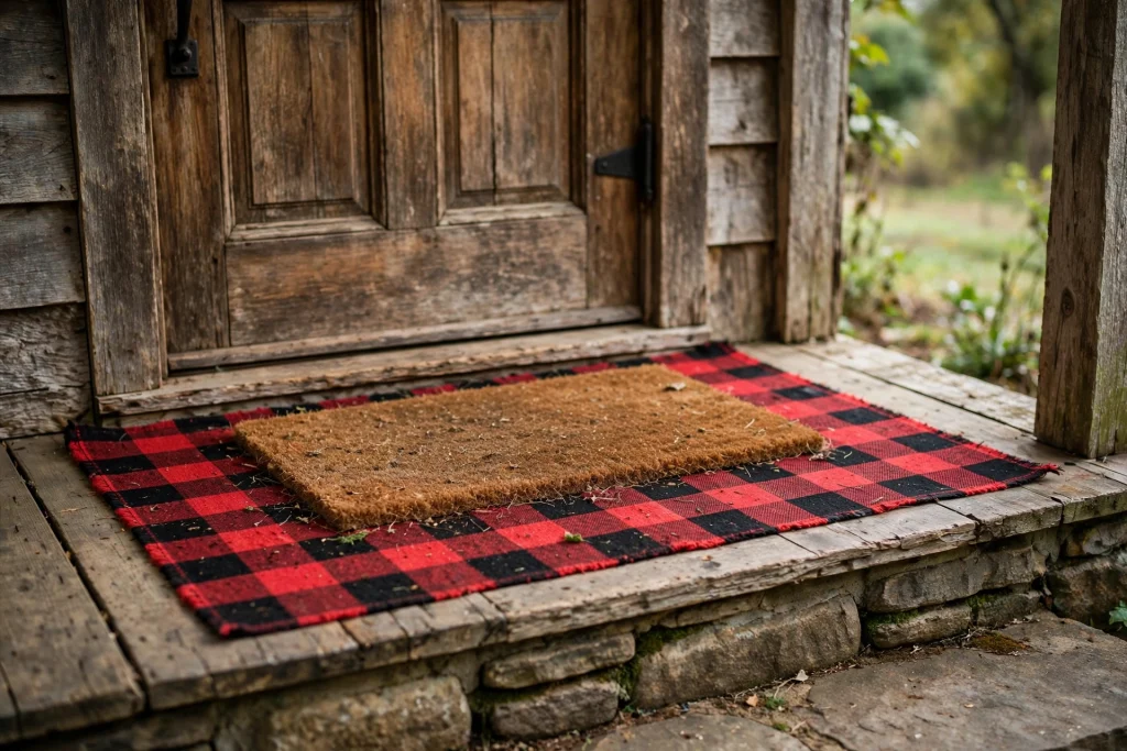 Buffalo-plaid rug layered under a Christmas coir doormat