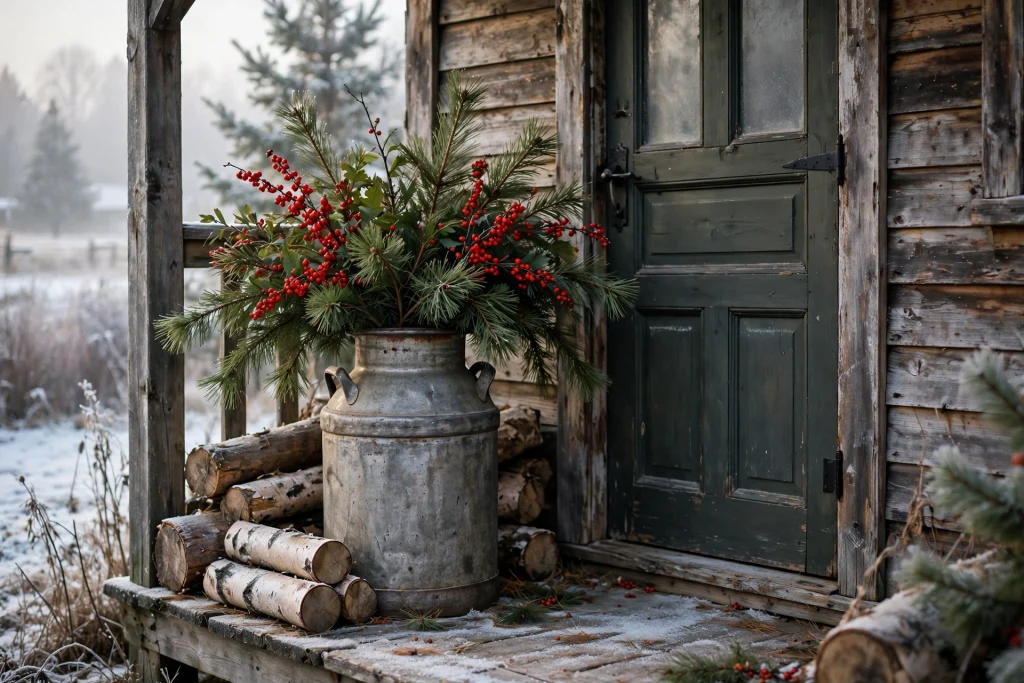 Vintage milk can overflowing with pine branches, red berries and birch logs