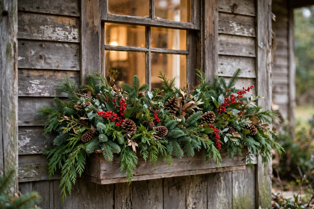 Porch window boxes filled with Christmas greenery, pinecones and red berries