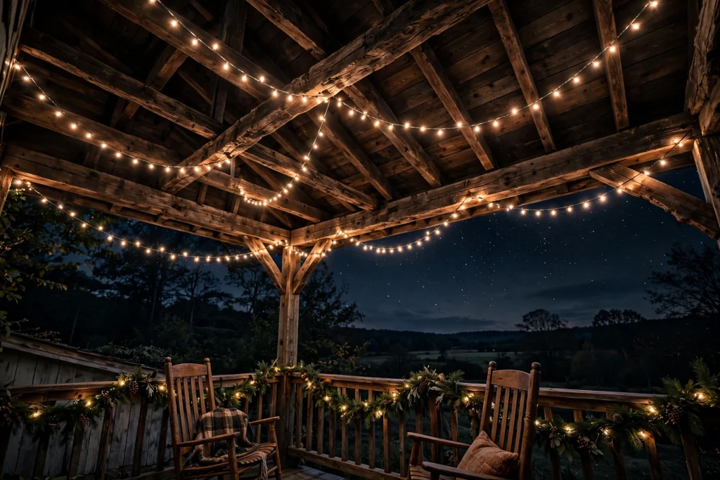 Warm-white string lights swagged across a porch ceiling