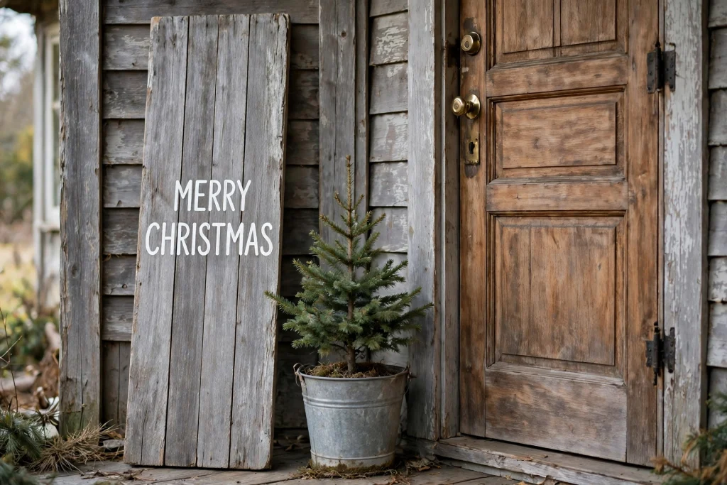 Tall hand-lettered wooden porch sign reading Merry Christmas