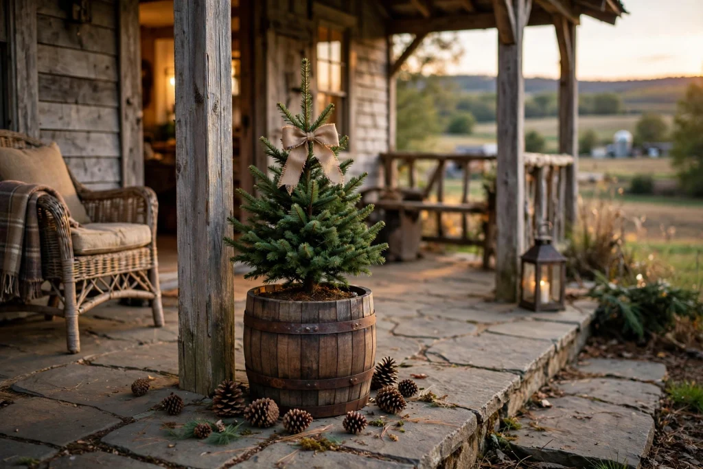 Mini evergreen tree in a wooden barrel planter with burlap bow