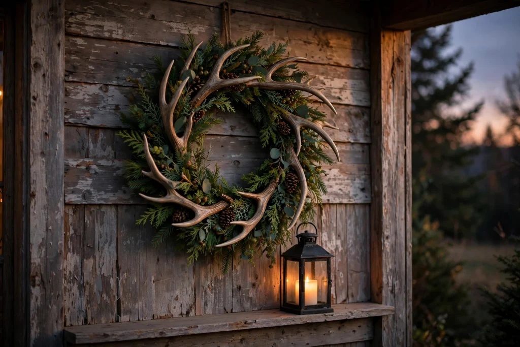 Faux antler wreath with greenery on a farmhouse porch