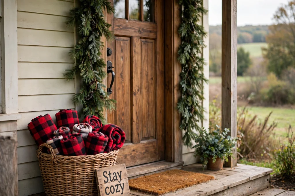Woven basket filled with rolled plaid throws by a front door