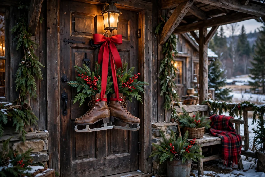 Vintage ice skates filled with greenery hanging on a door