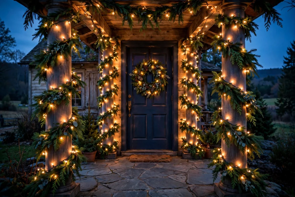 Porch columns wrapped in fresh garland and warm-white lights