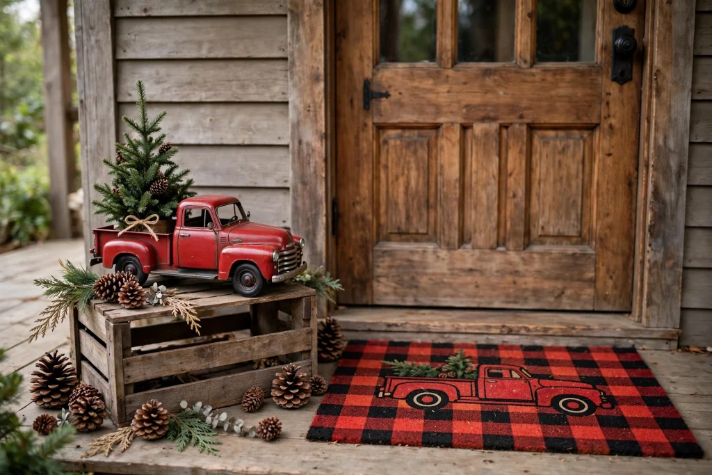 Red truck carrying a Christmas tree decor on a farmhouse porch