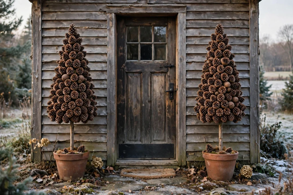 Pair of pinecone topiaries flanking a front door