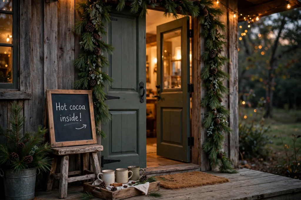 Chalkboard sign reading Hot cocoa inside on a Christmas porch