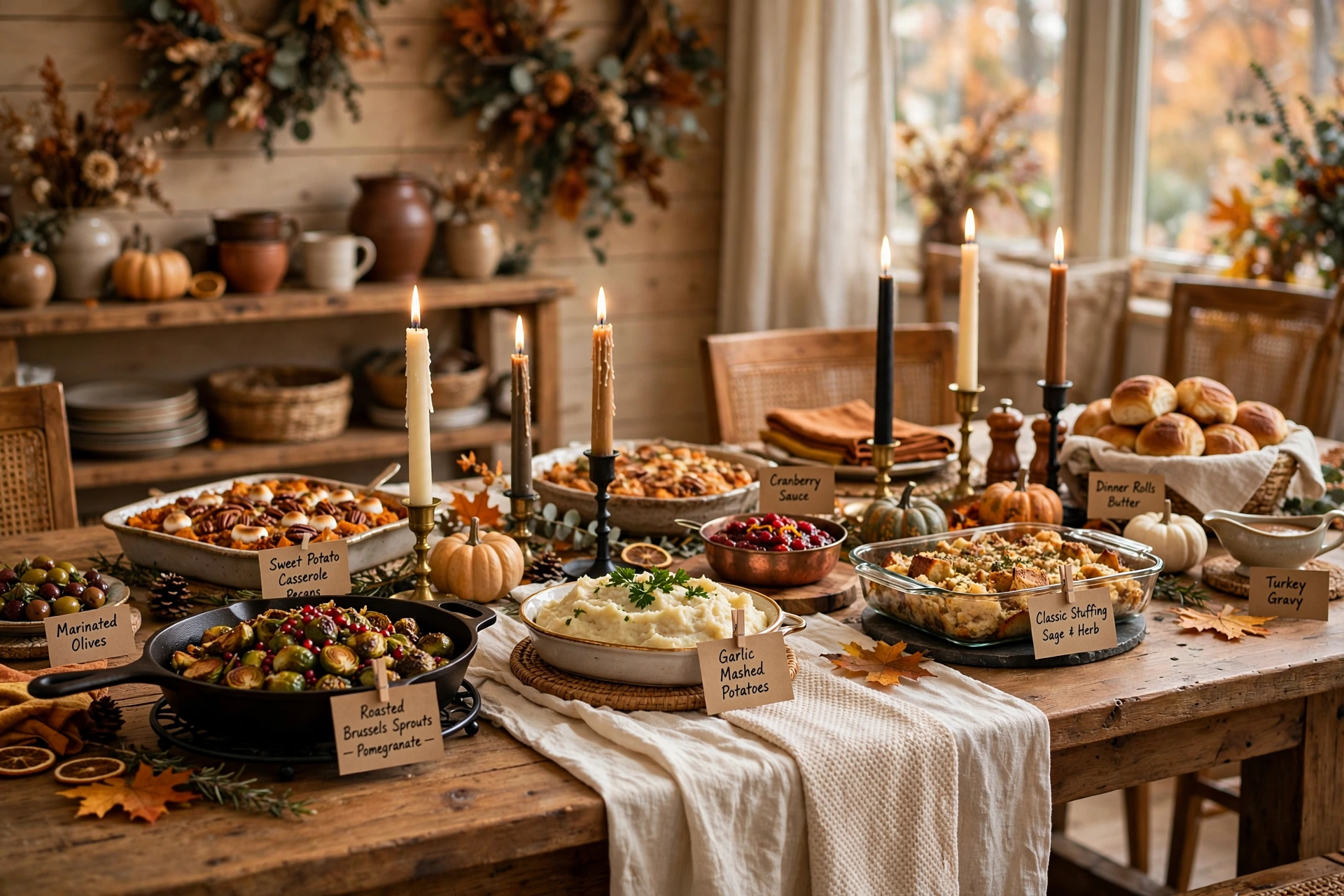 Potluck-style buffet table set for a Friendsgiving gathering with dishes, a runner, and handwritten labels