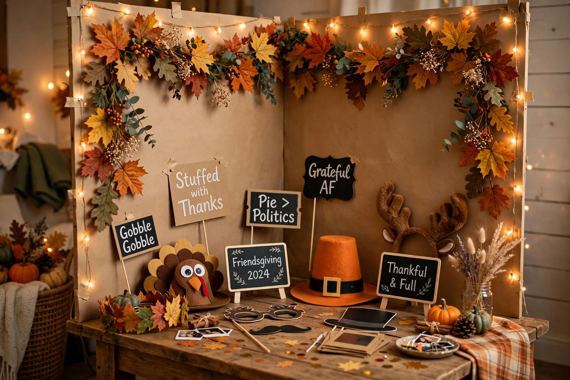 DIY Friendsgiving photo booth corner with a kraft paper backdrop and fun props