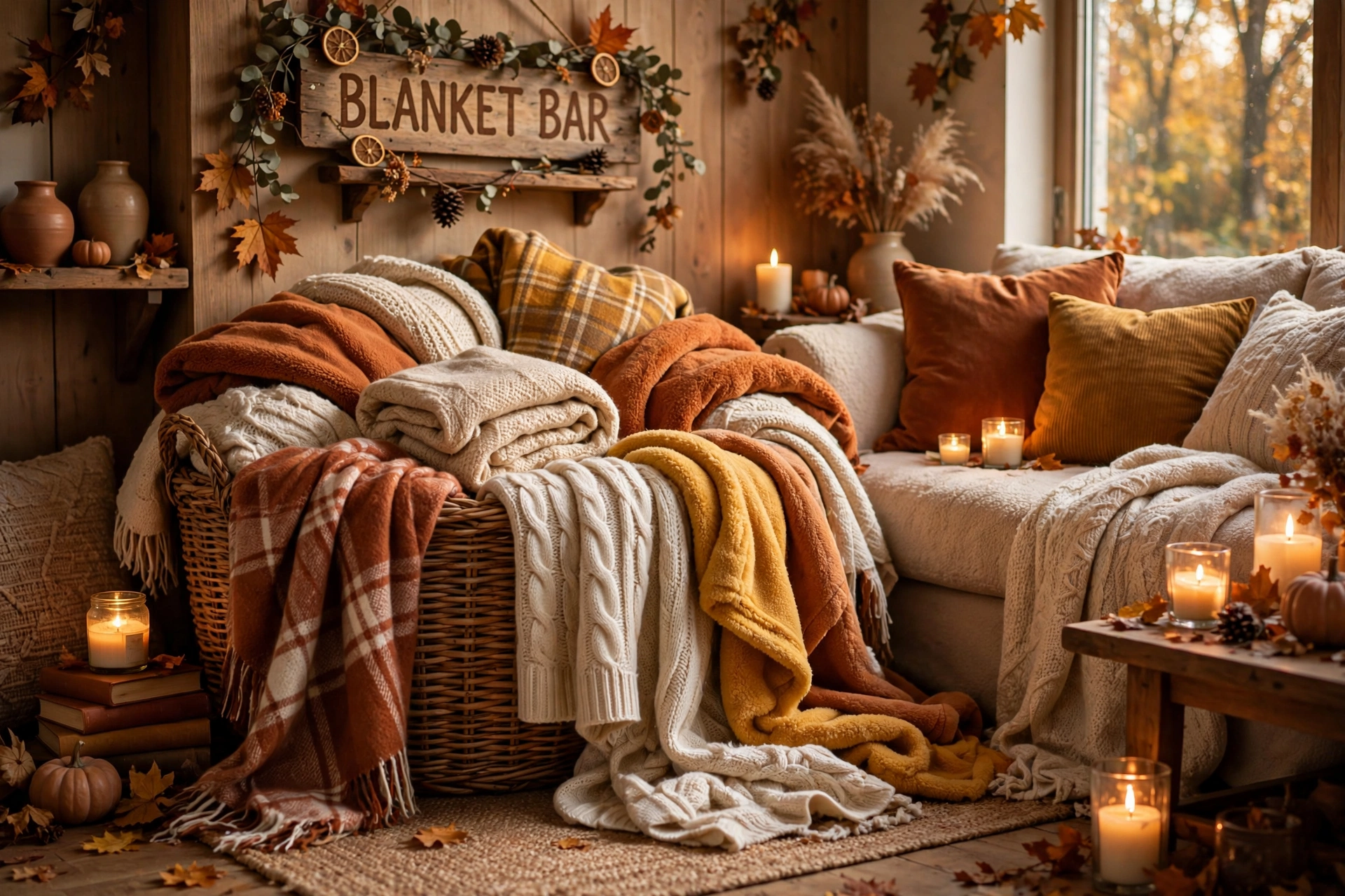 Cozy Friendsgiving blanket bar with plaid and knit throw blankets in a basket