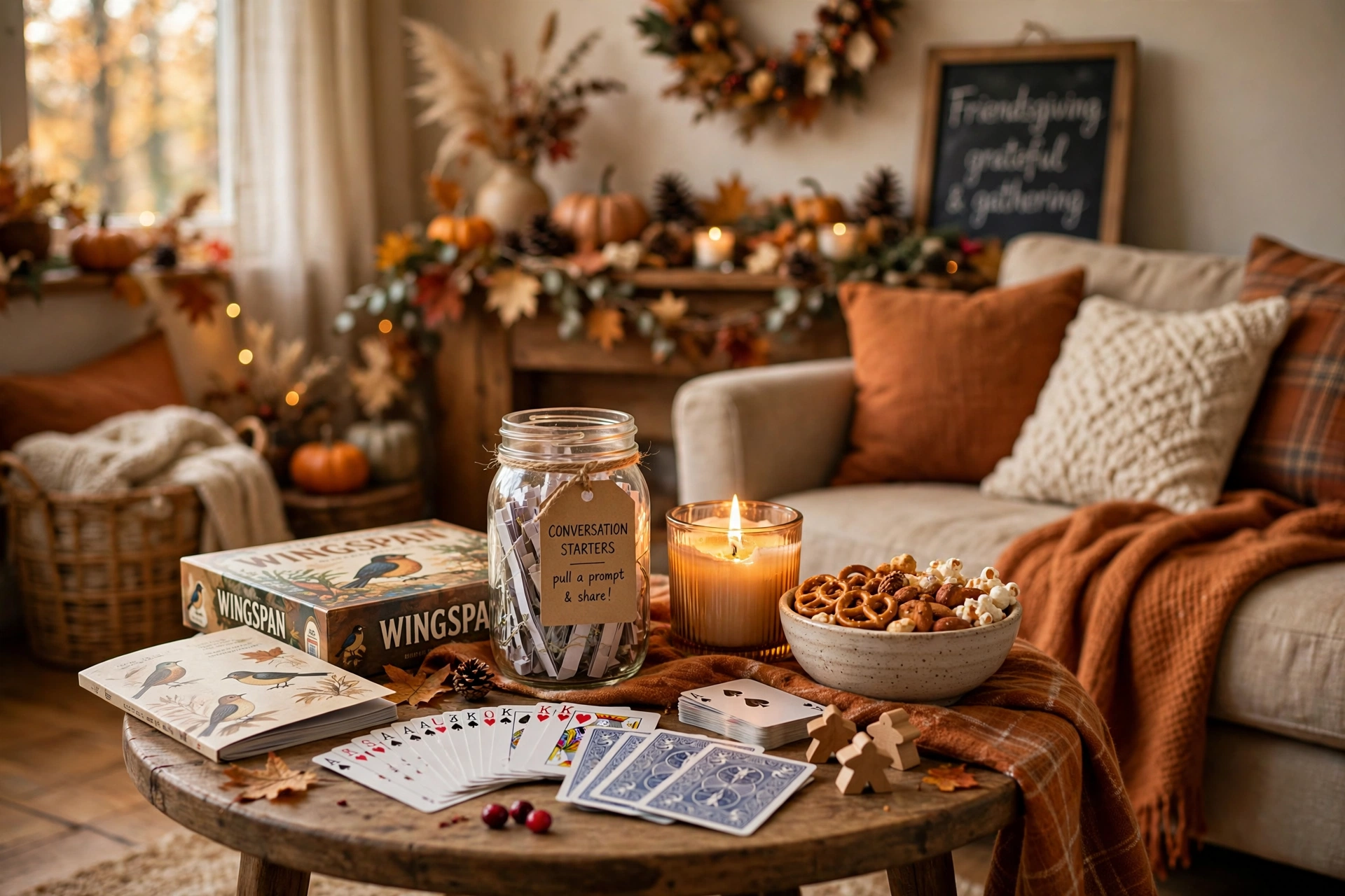 Friendsgiving games table with card games, board games, a candle, and snacks