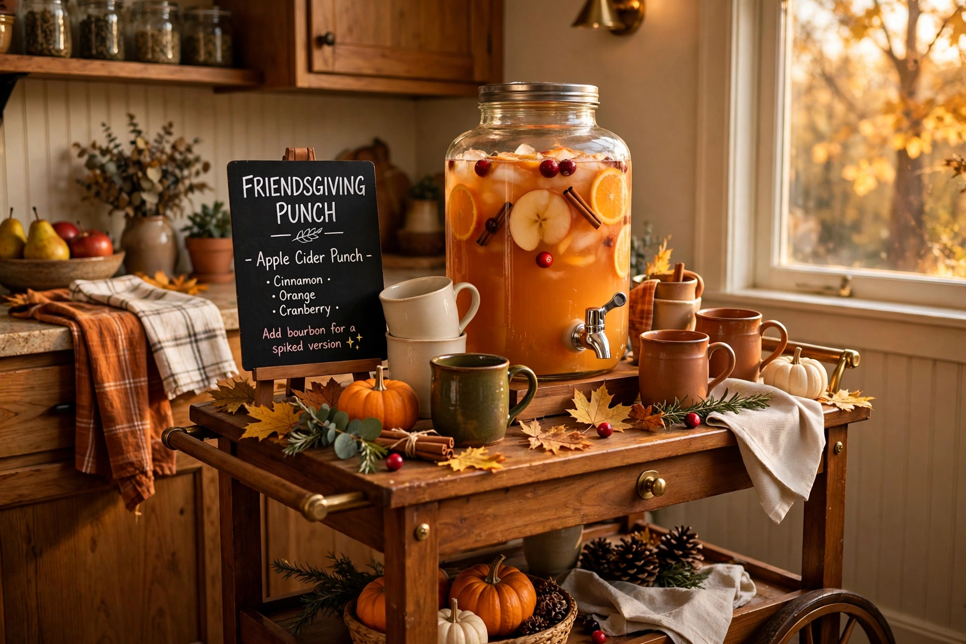 Festive fall drink station with big-batch punch, a chalkboard menu, and mismatched glasses