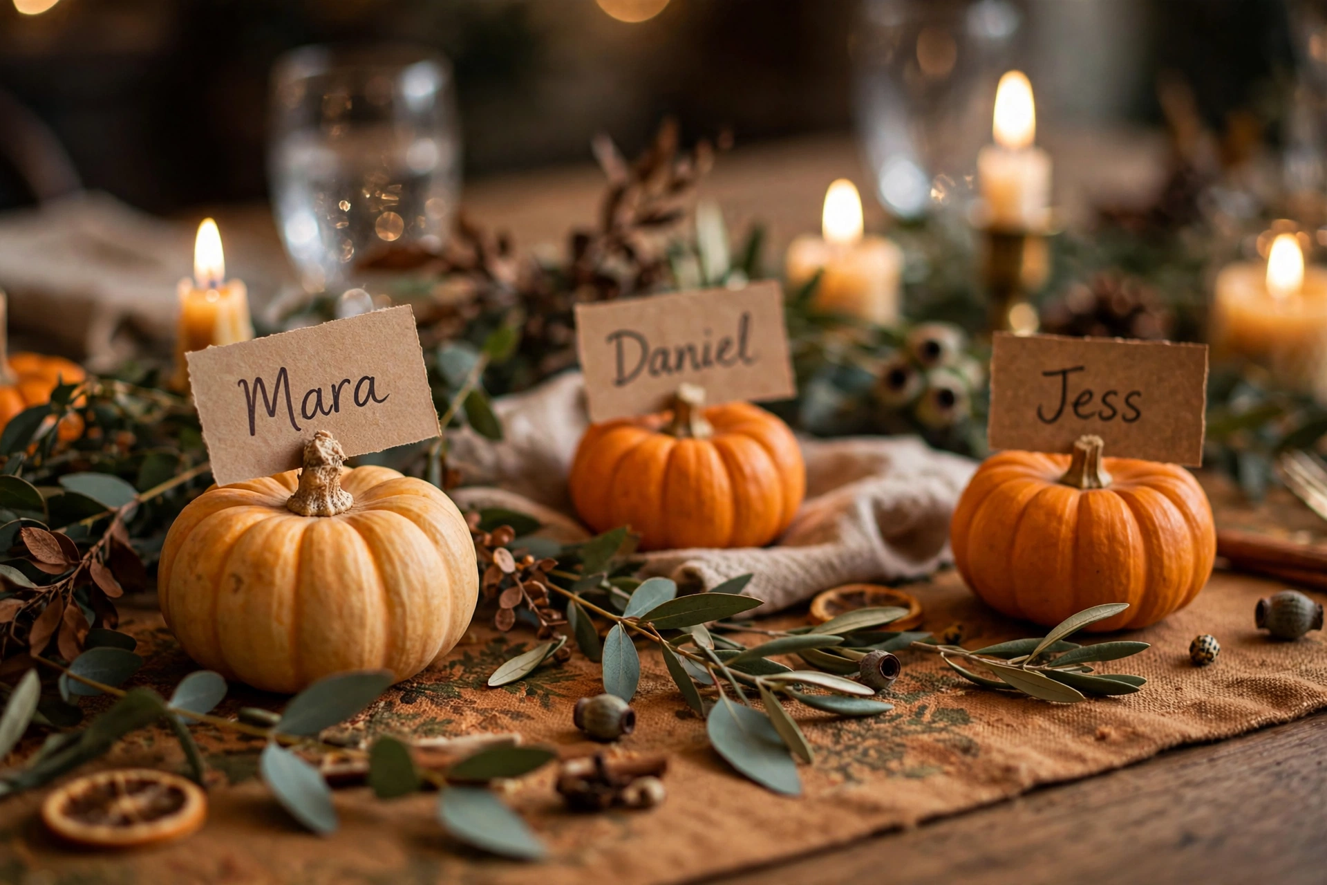 Personalized Friendsgiving place cards written on mini pumpkins