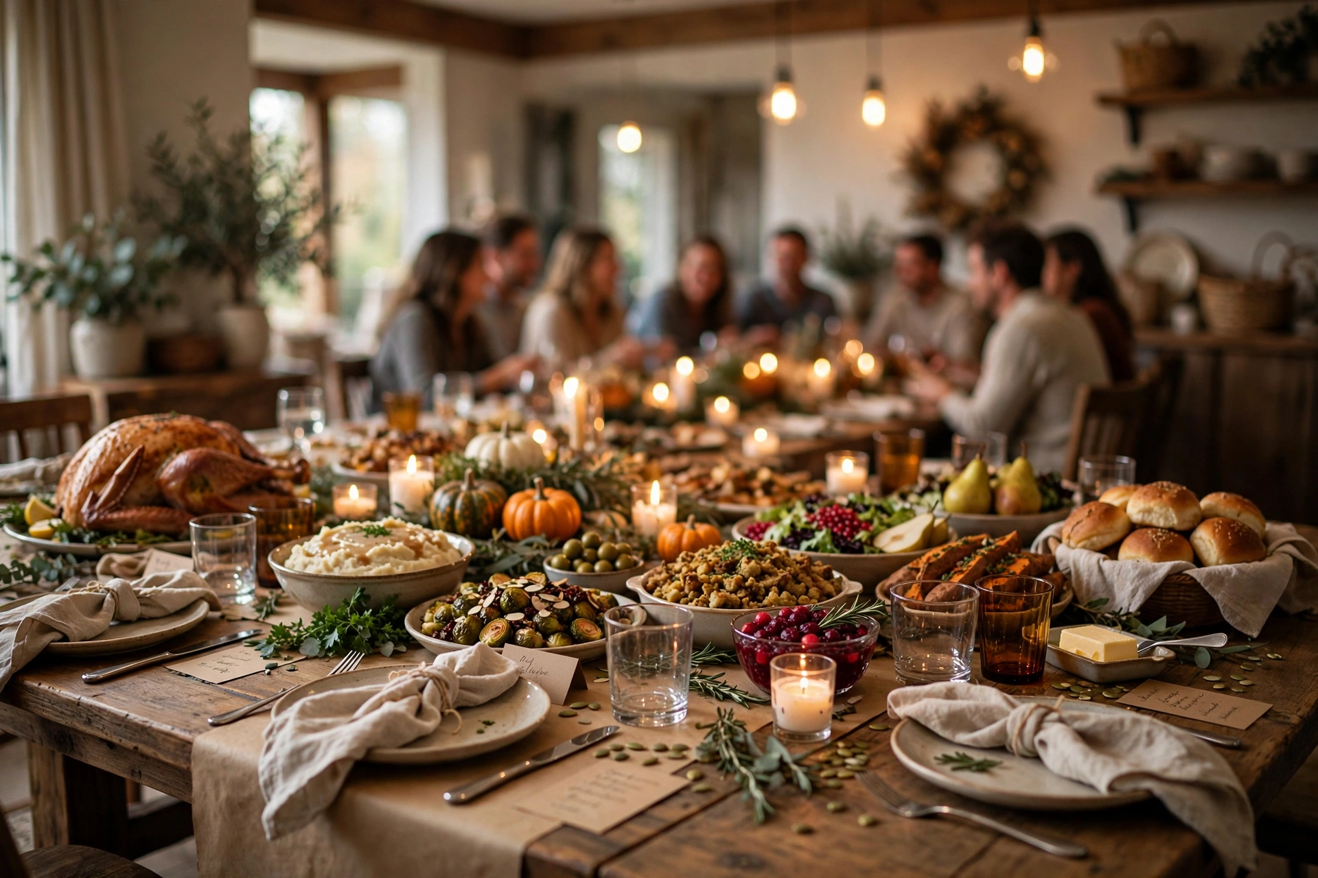 Low-and-long family-style Friendsgiving table with shared platters and candles