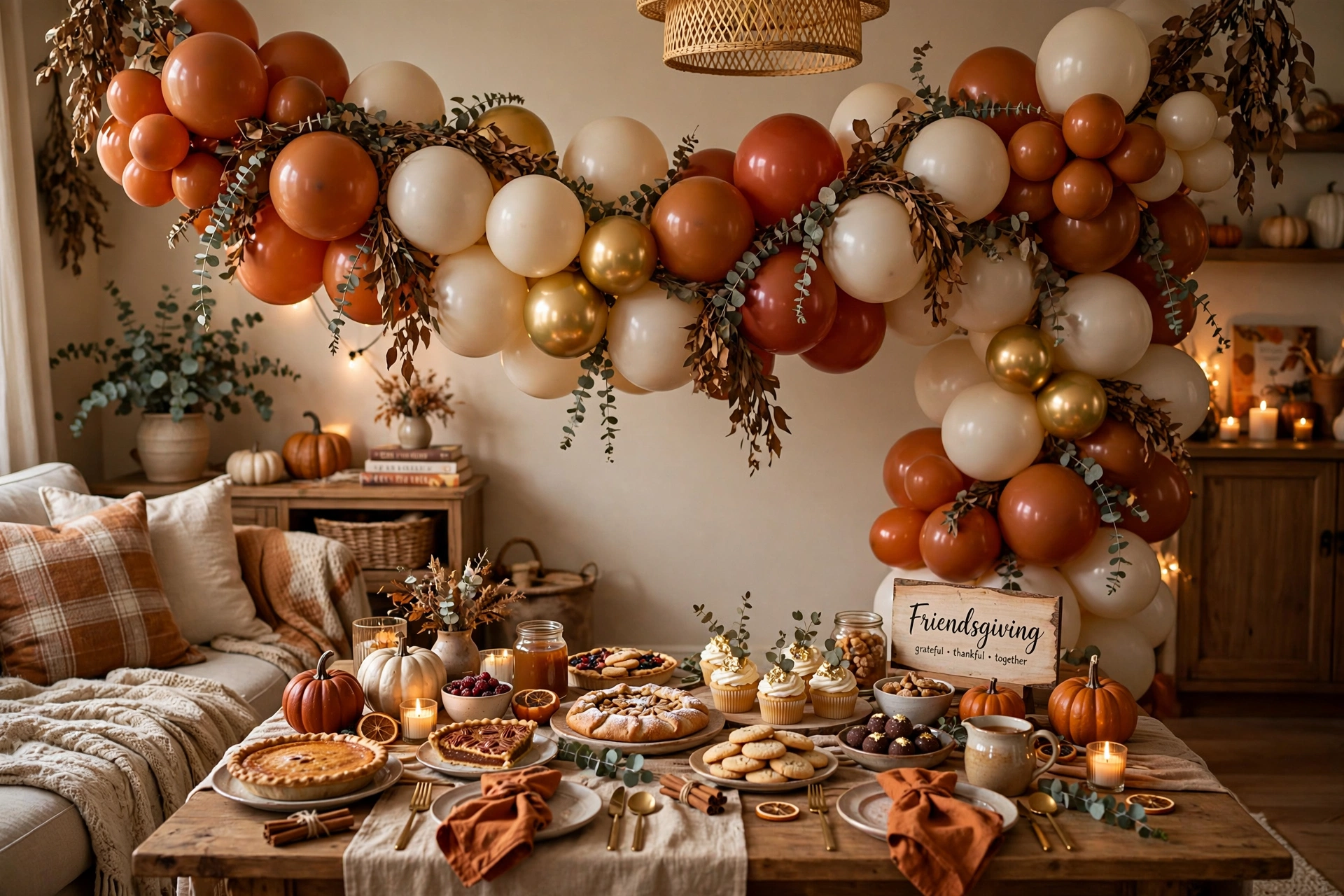 Balloon garland backdrop in fall colors with dried foliage for Friendsgiving