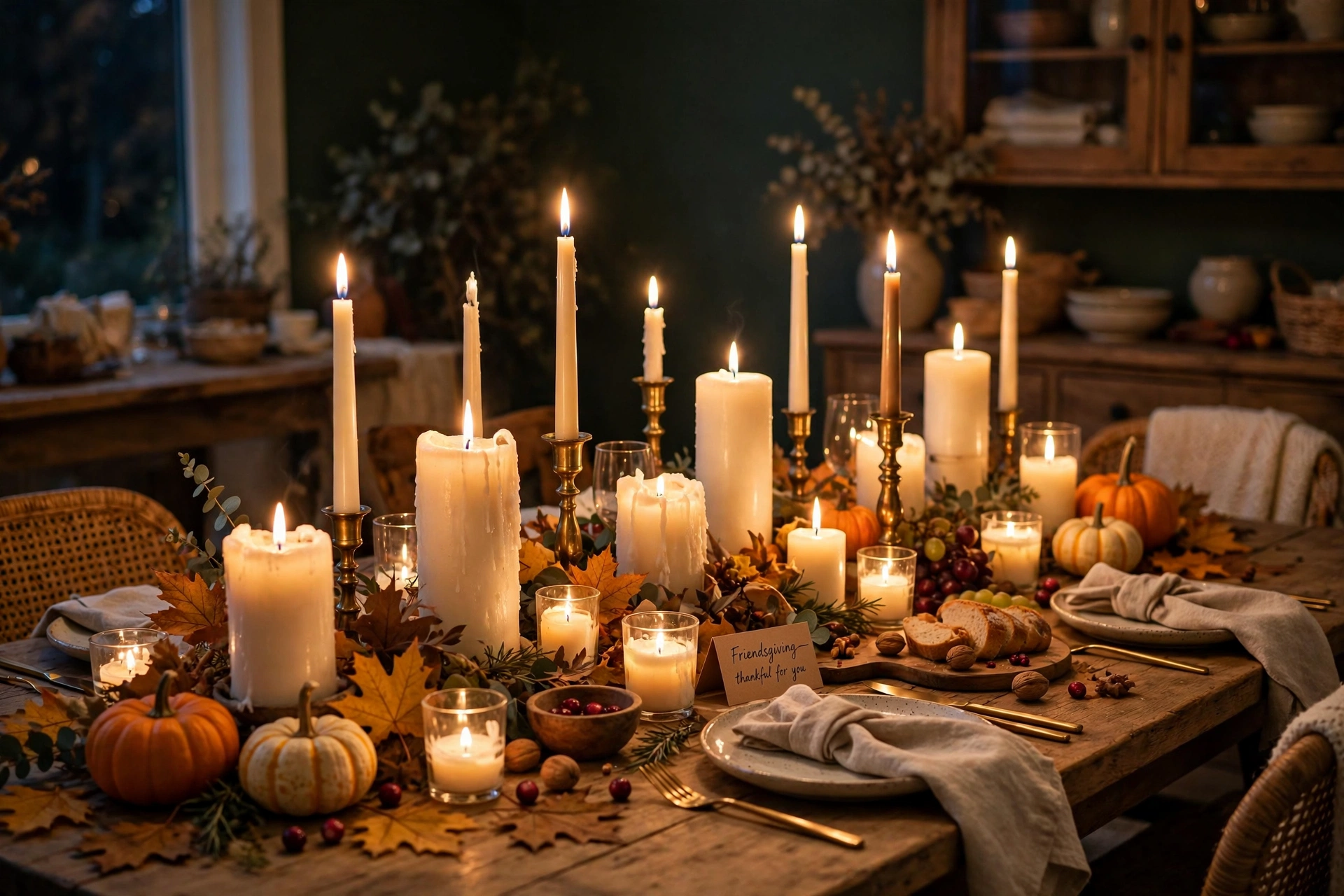 Candles at every height — pillars, votives, and tapers — glowing at a Friendsgiving gathering