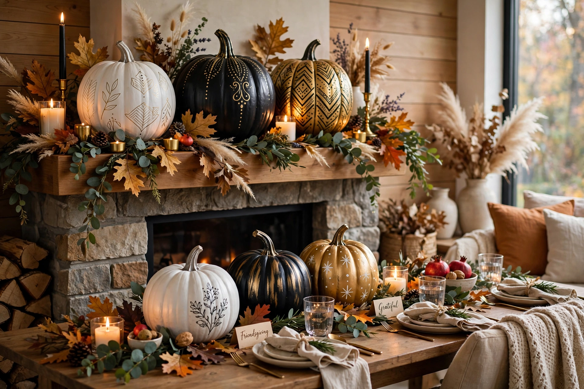 Painted pumpkins in white, gold, and black decorating a porch and mantel for fall