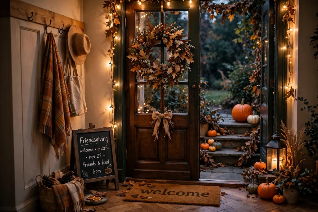 Fall entryway decorated with wreath, pumpkins and warm doormat