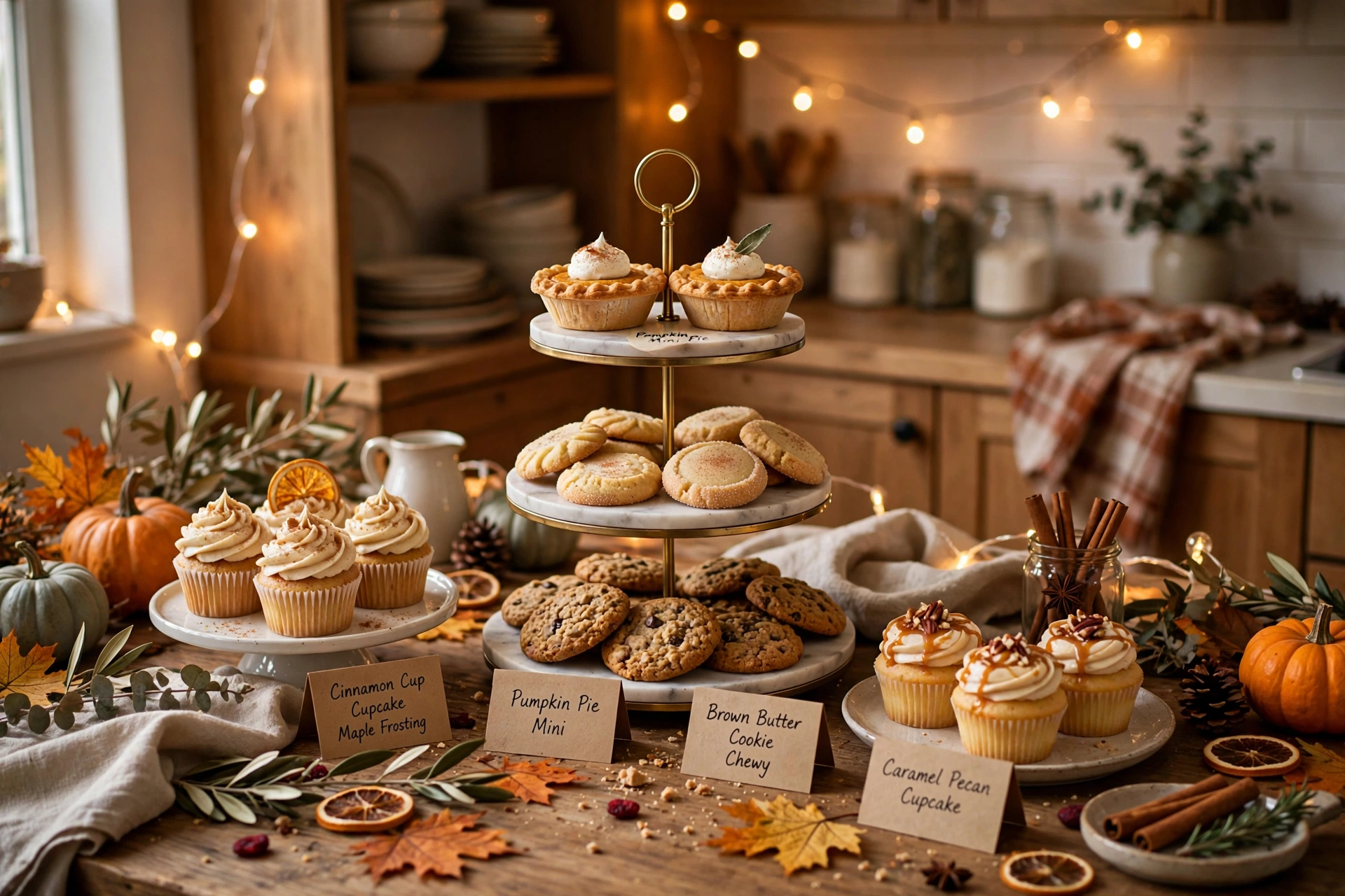 Mini Friendsgiving dessert bar with a tiered stand, cake plates, and labeled sweets