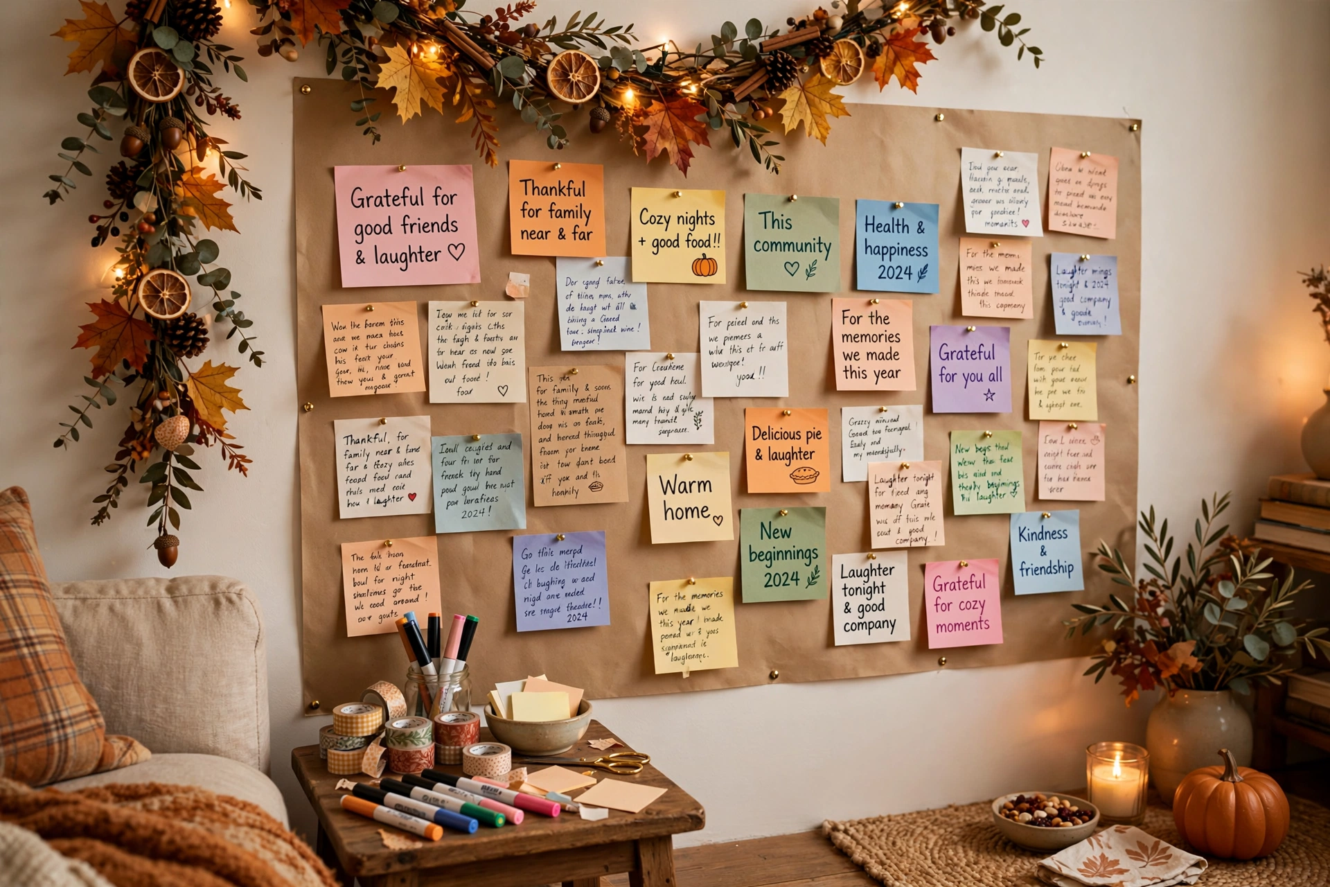Thankful wall gratitude board with kraft paper and colorful markers at Friendsgiving