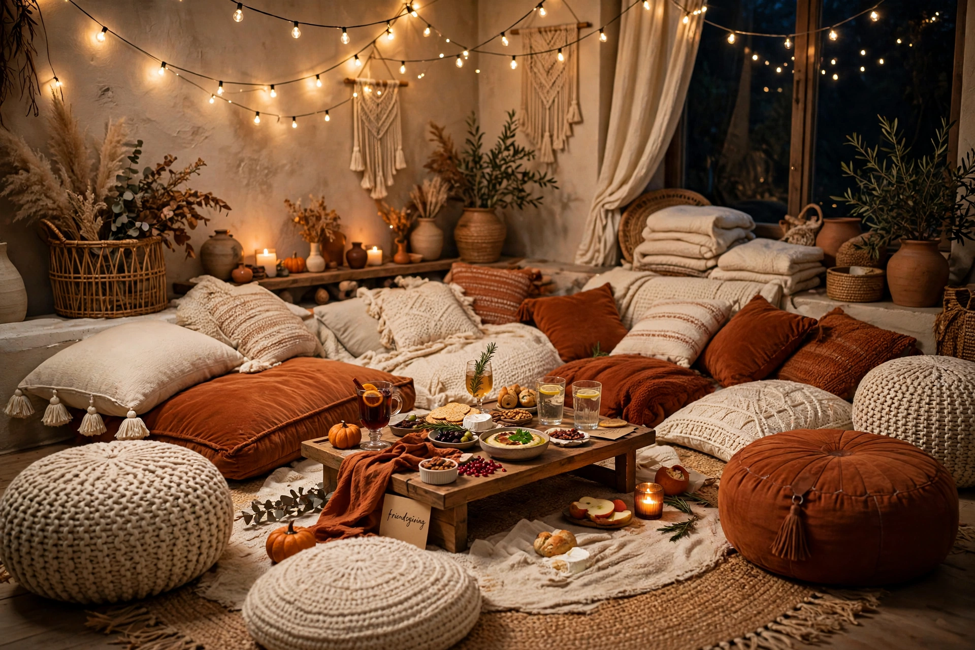 Floor cushion lounge corner with poufs, throw pillows, and fairy lights for Friendsgiving