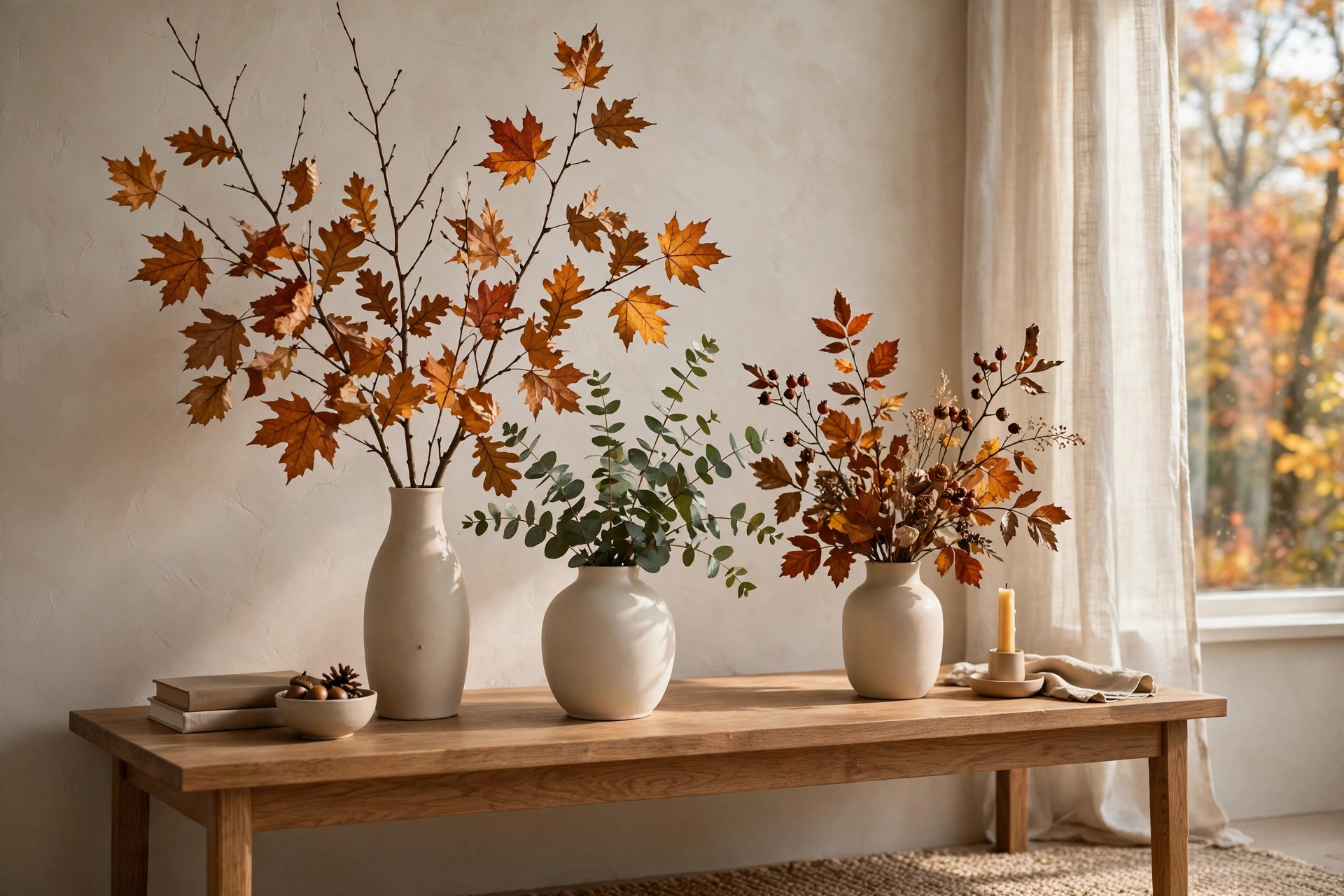 Fall foliage and branch arrangements in simple vases for Friendsgiving decor