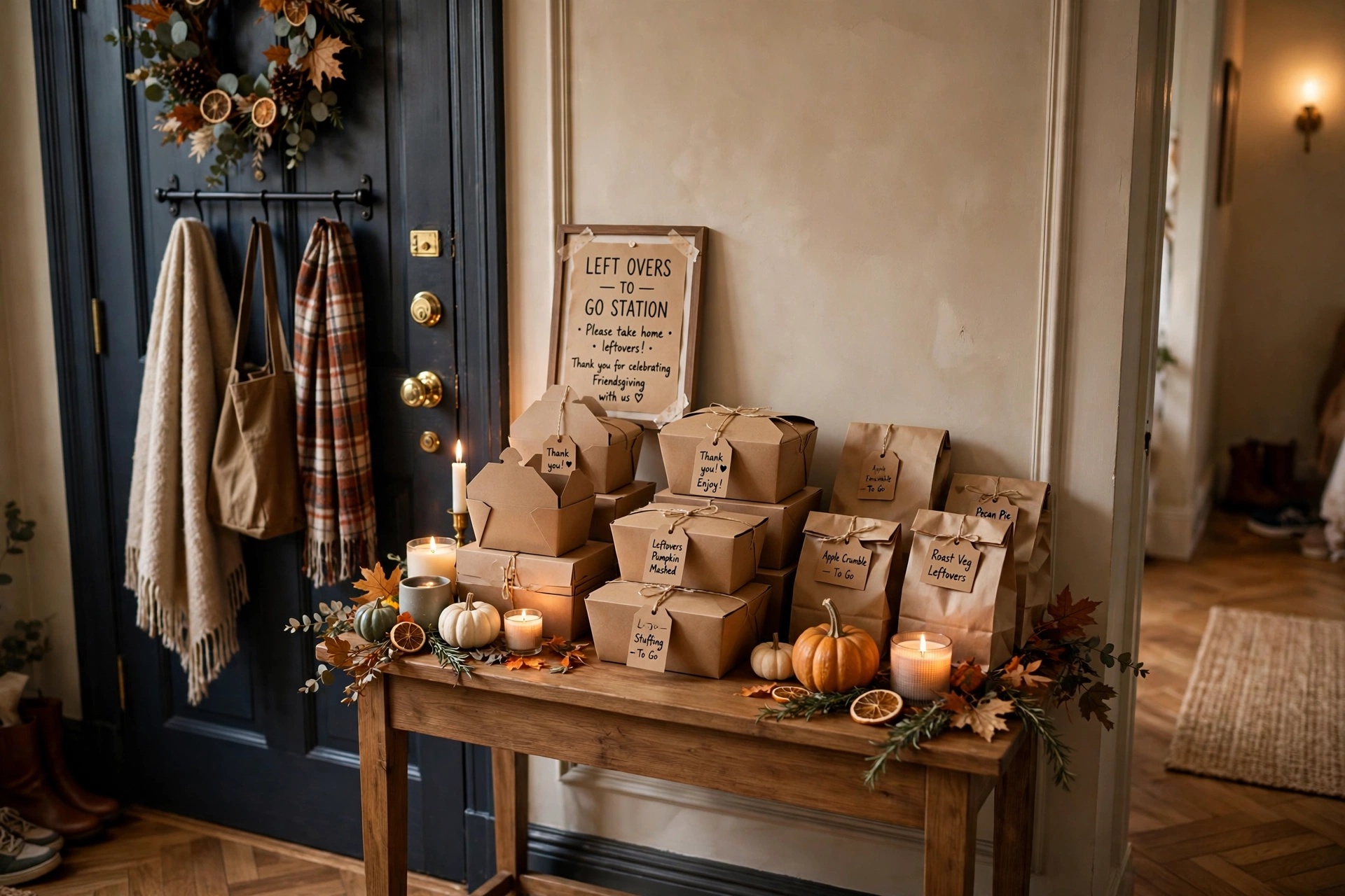Leftovers-to-go station with kraft boxes, bags, and labels by the door