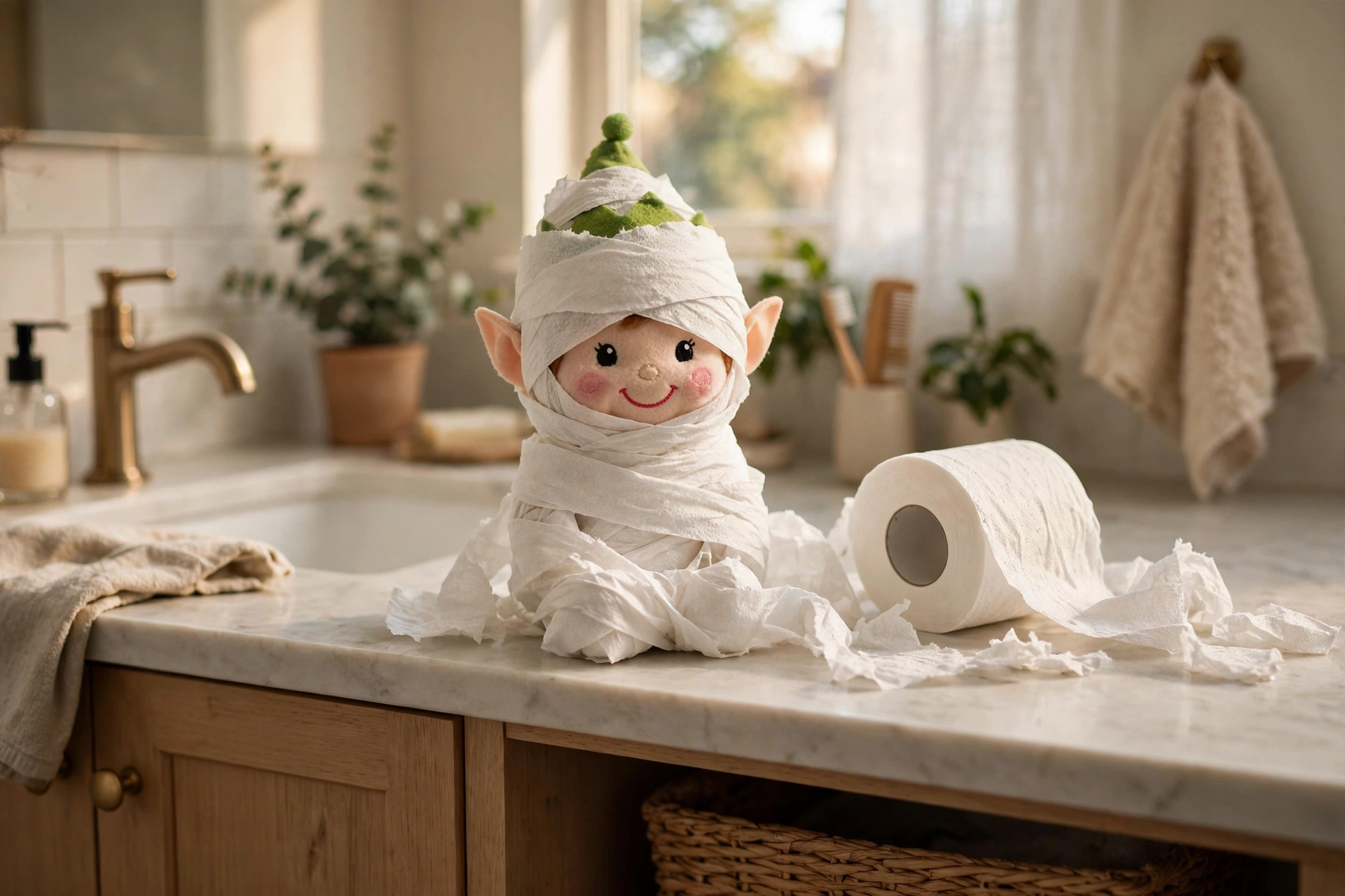 Elf on the Shelf wrapped head-to-toe in toilet paper like a mummy