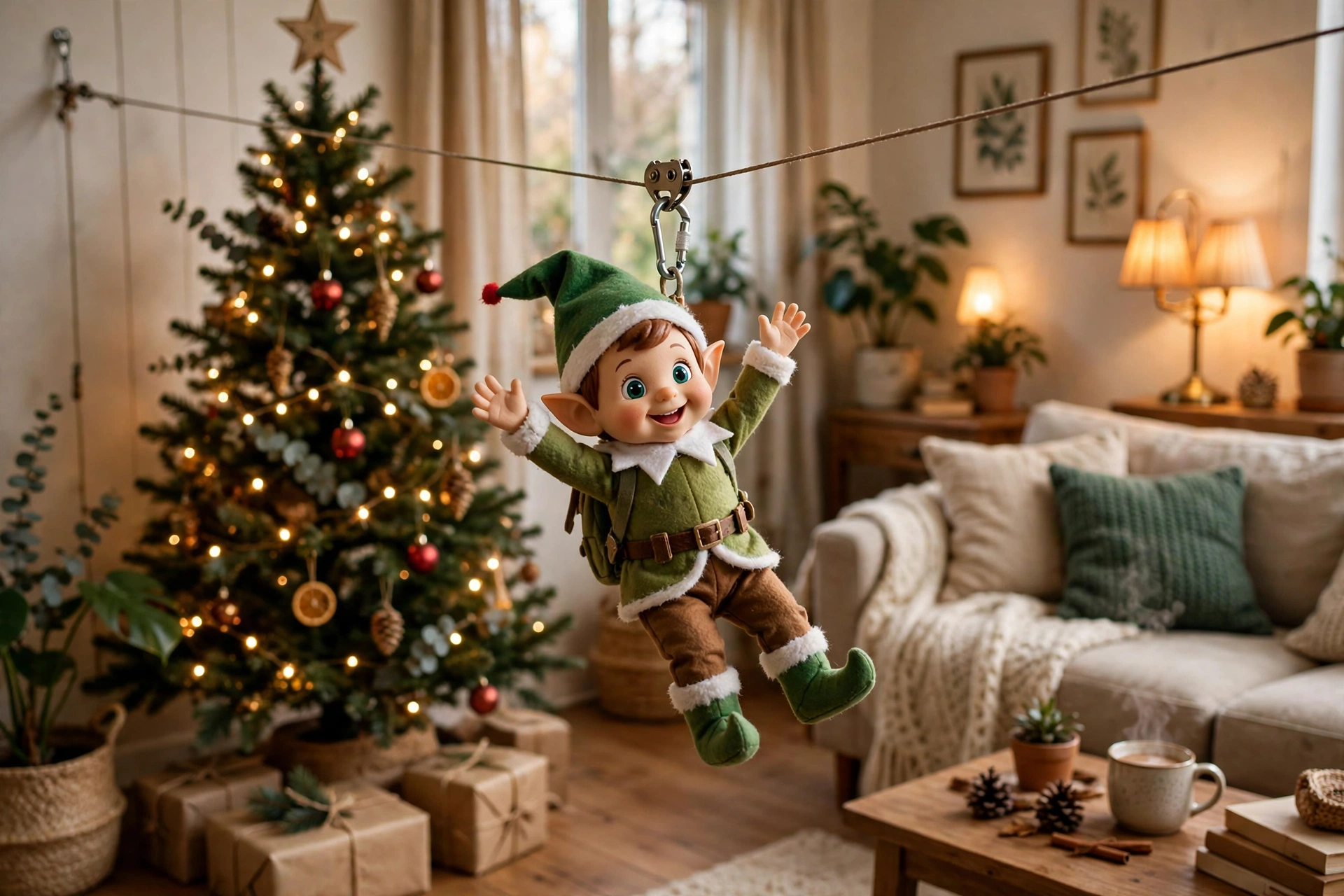 Elf on the Shelf riding a zipline across the living room on a hanger