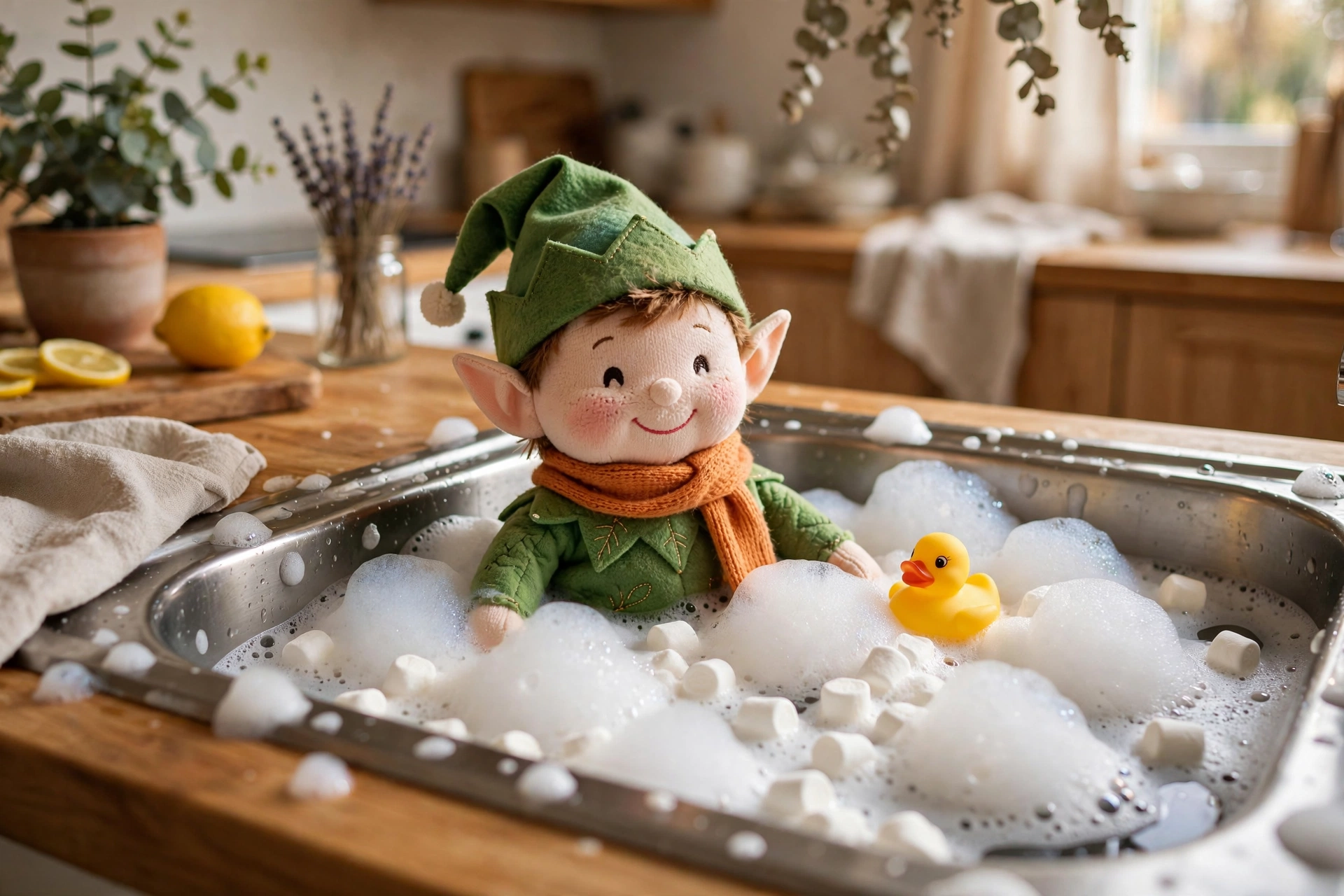 Elf on the Shelf relaxing in a marshmallow bubble bath