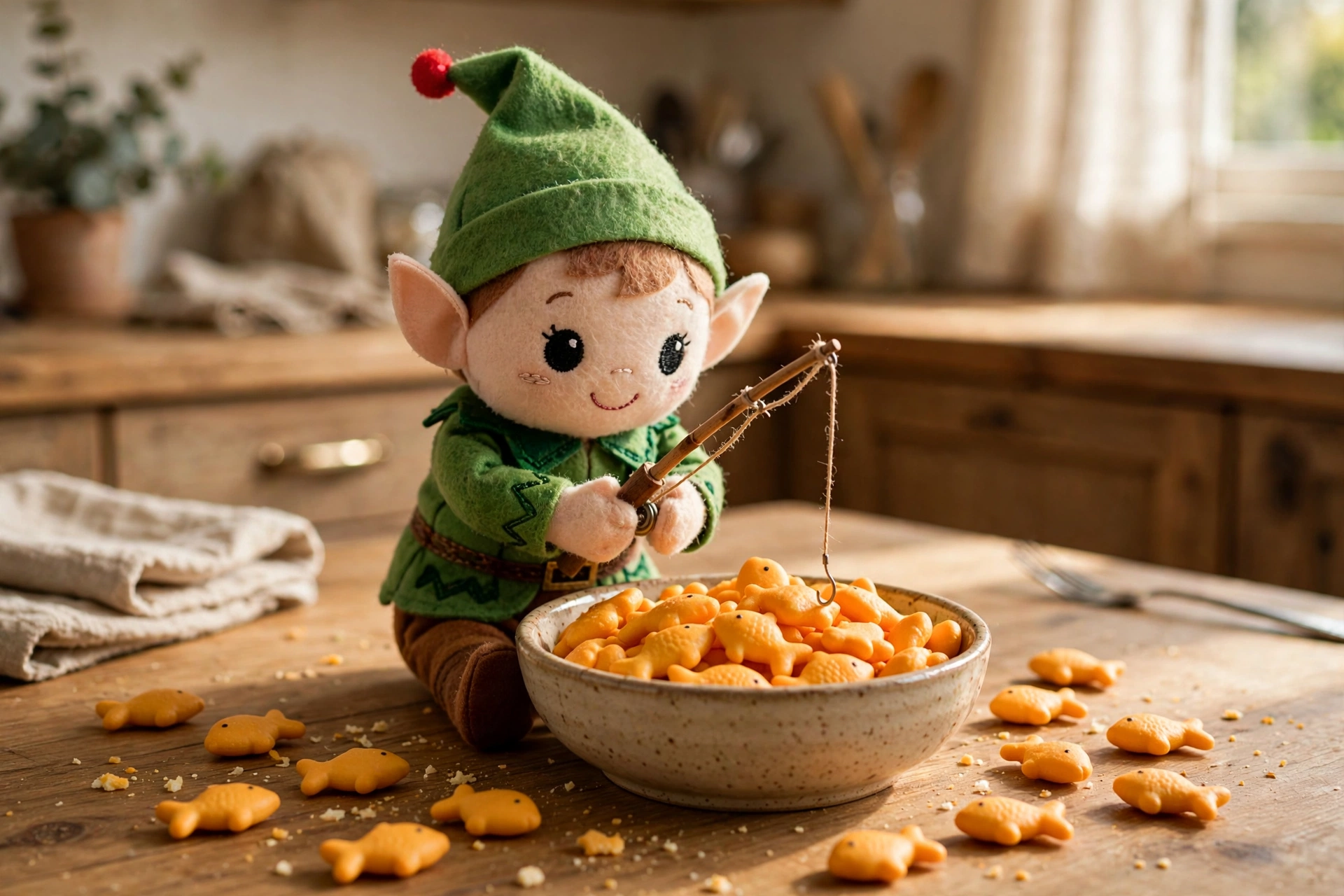 Elf on the Shelf fishing for goldfish crackers with a pretzel rod