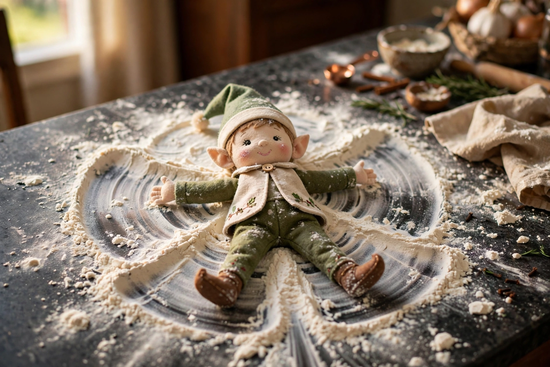 Elf on the Shelf making snow angels in flour on the kitchen counter