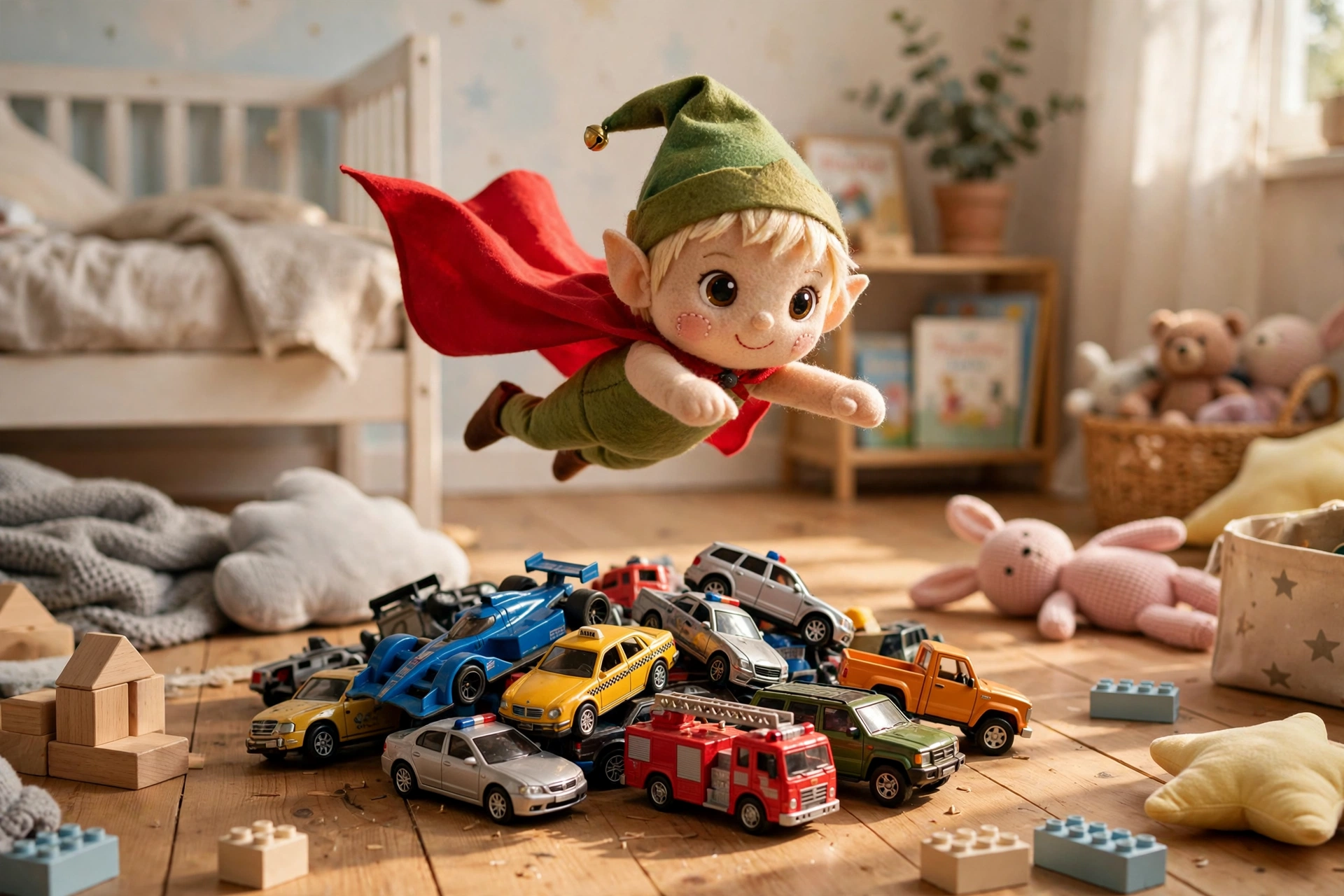 Elf on the Shelf wearing a paper towel cape as a superhero