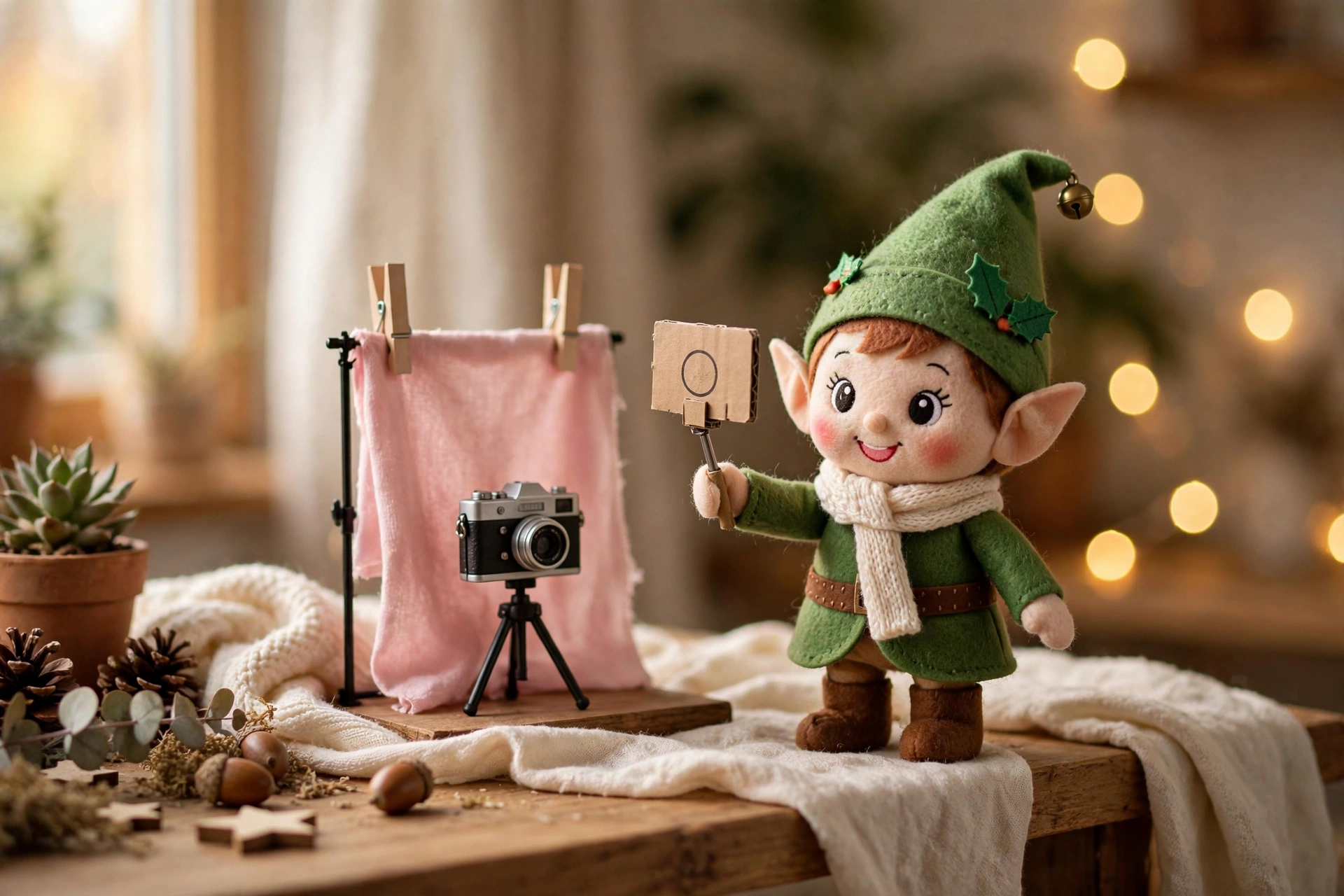 Elf on the Shelf taking a selfie with stuffed animals