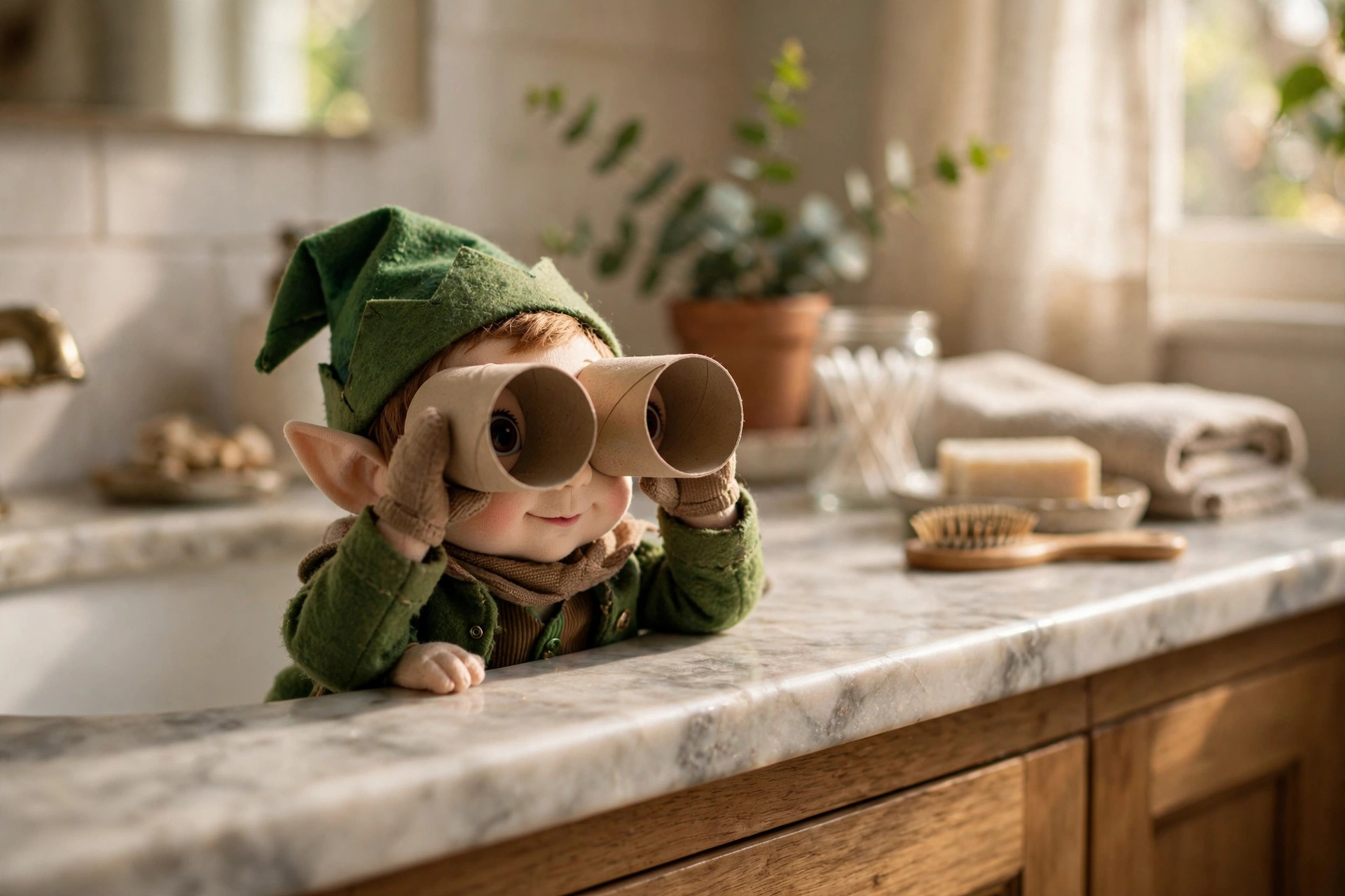 Elf on the Shelf spying with toilet paper roll binoculars