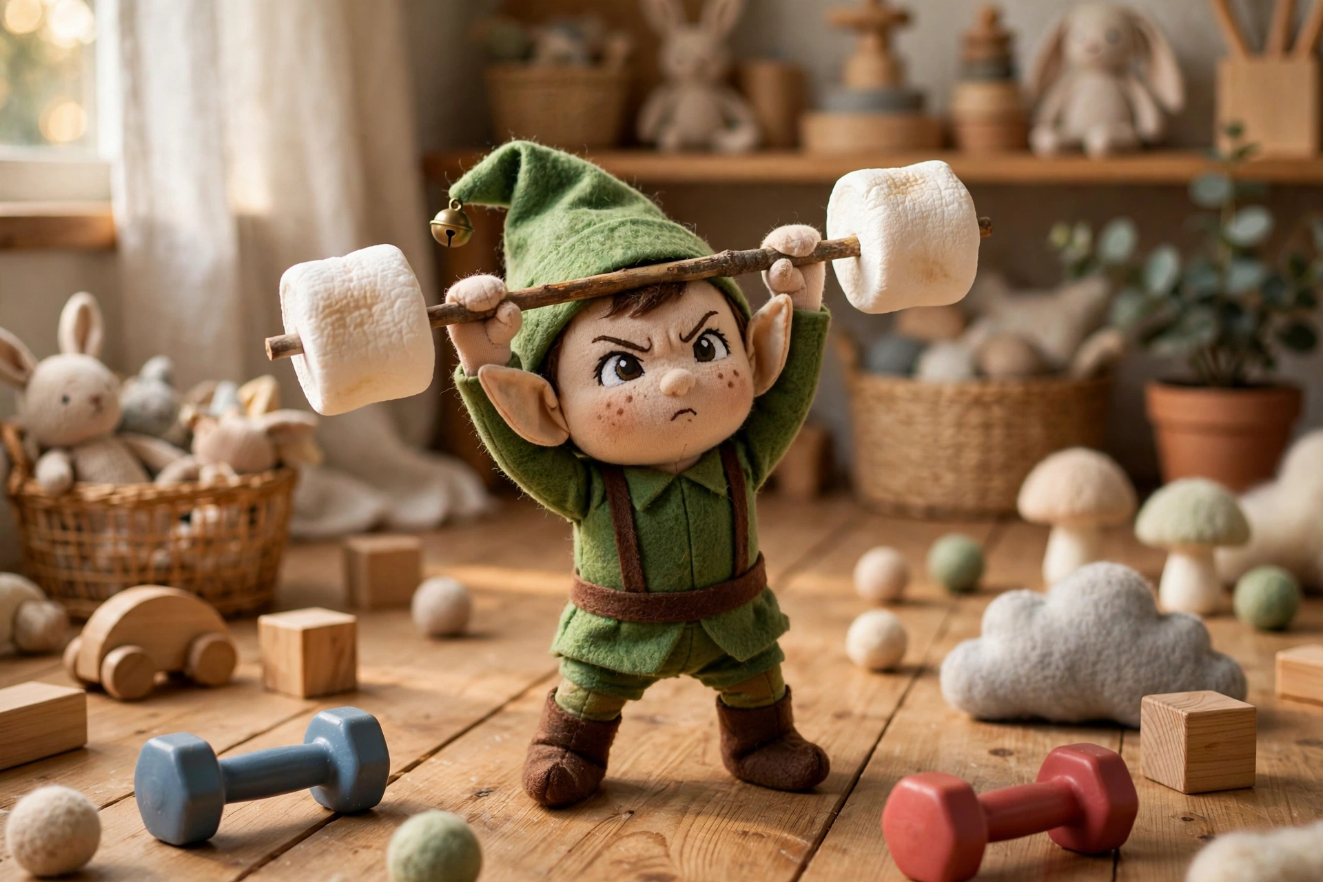 Elf on the Shelf lifting a marshmallow barbell