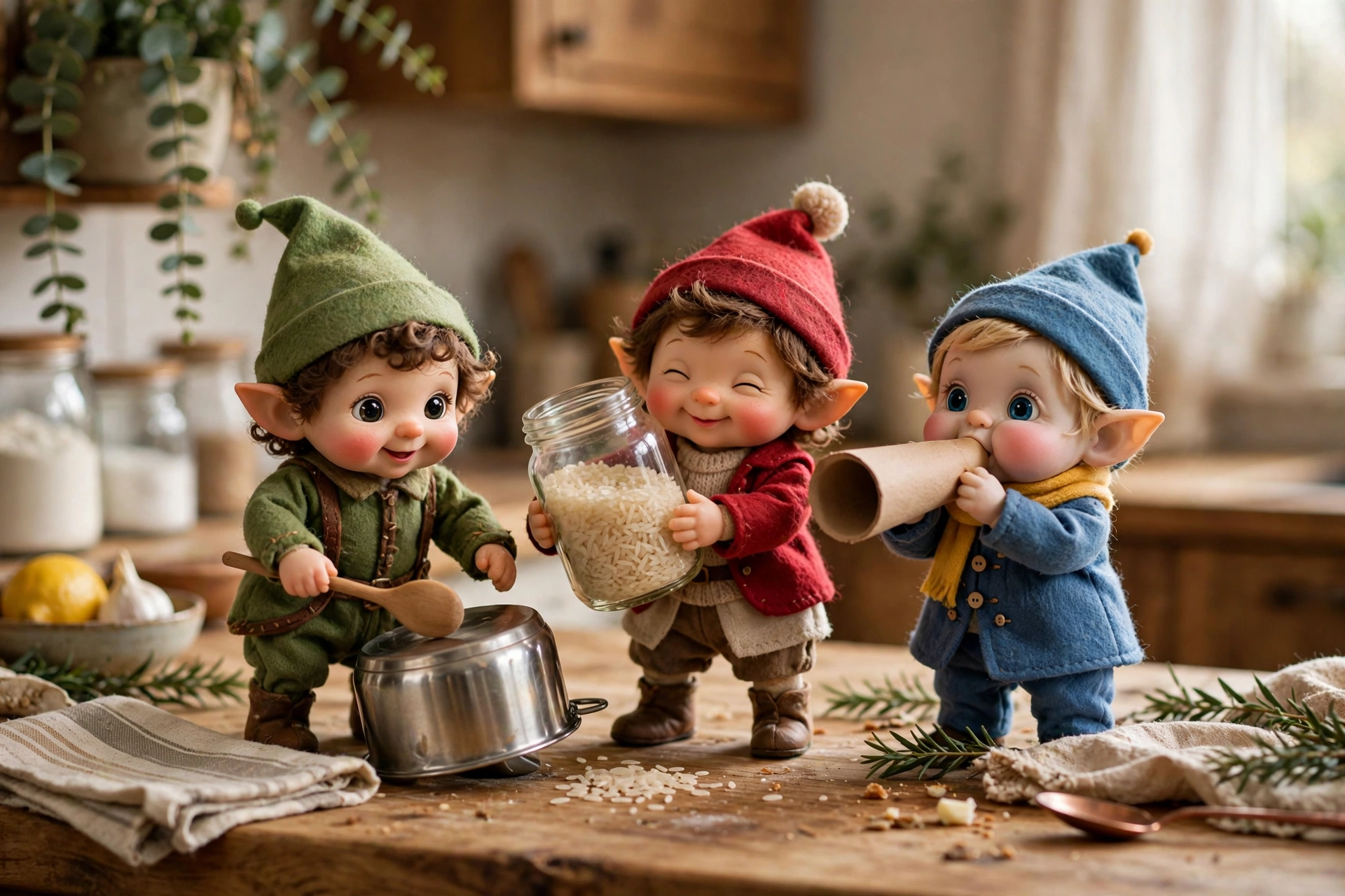 Elf on the Shelf playing in a kitchen instrument band