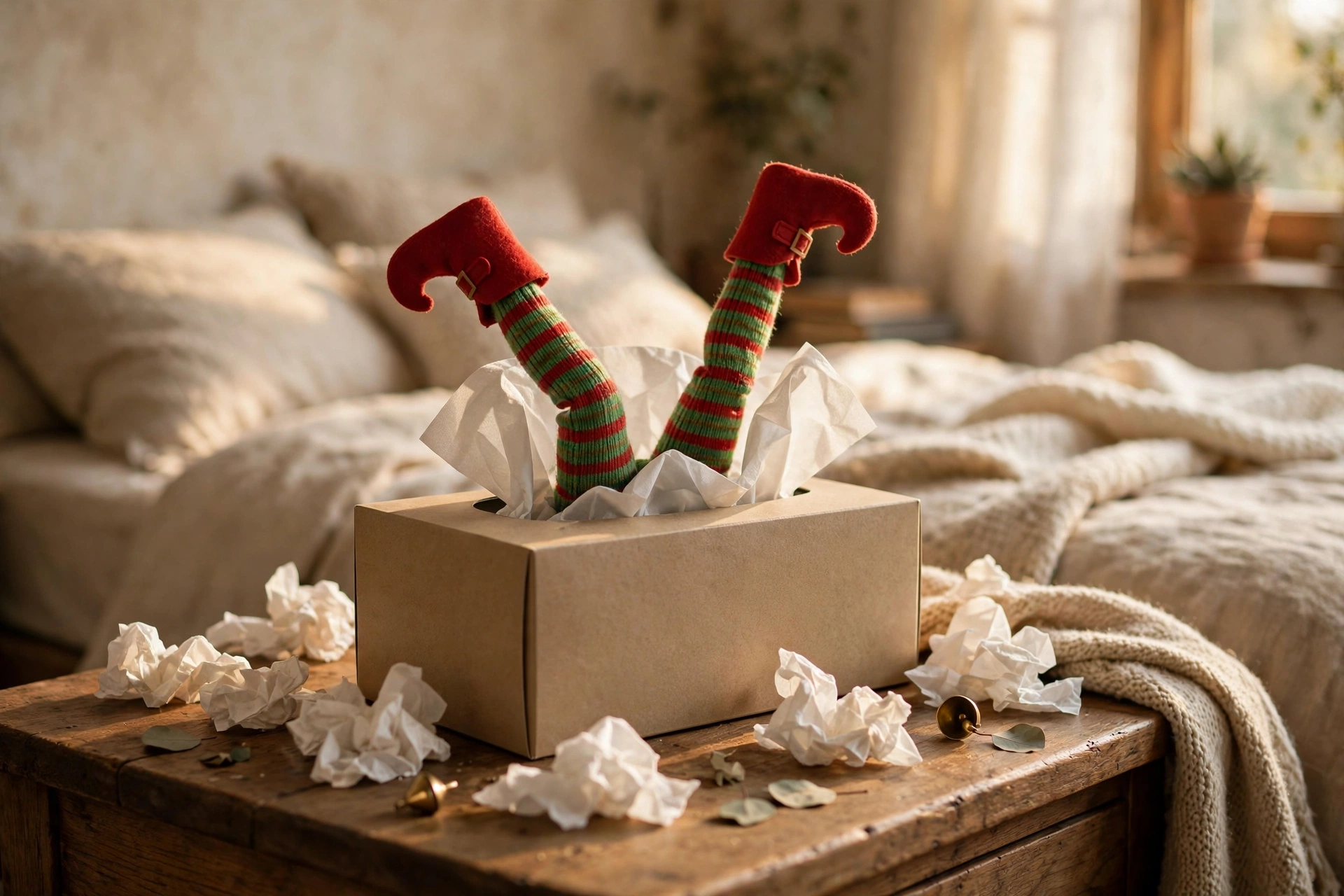 Elf on the Shelf stuck halfway out of a tissue box