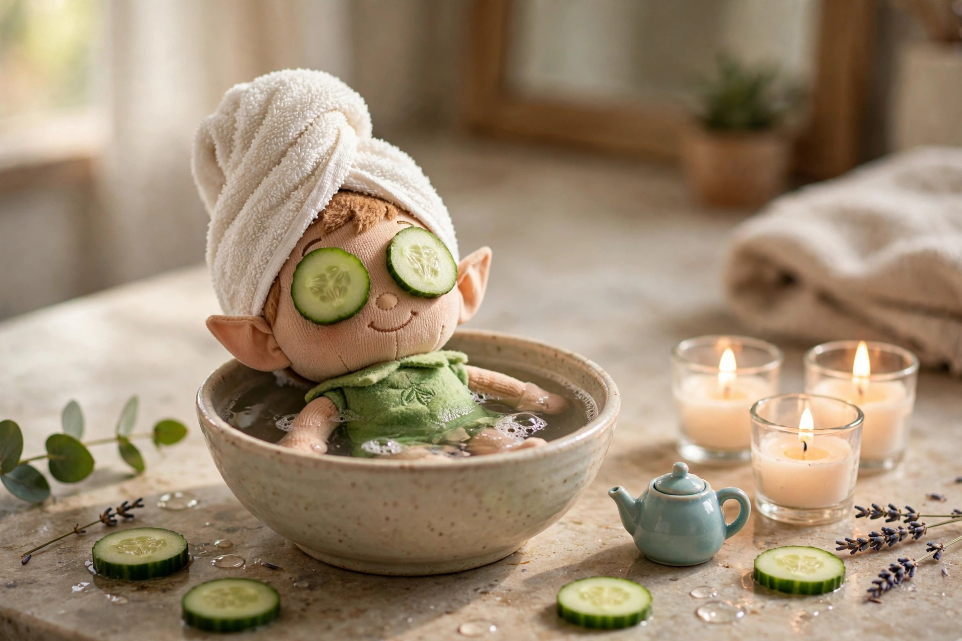 Elf on the Shelf enjoying a spa day with cucumber slices over the eyes