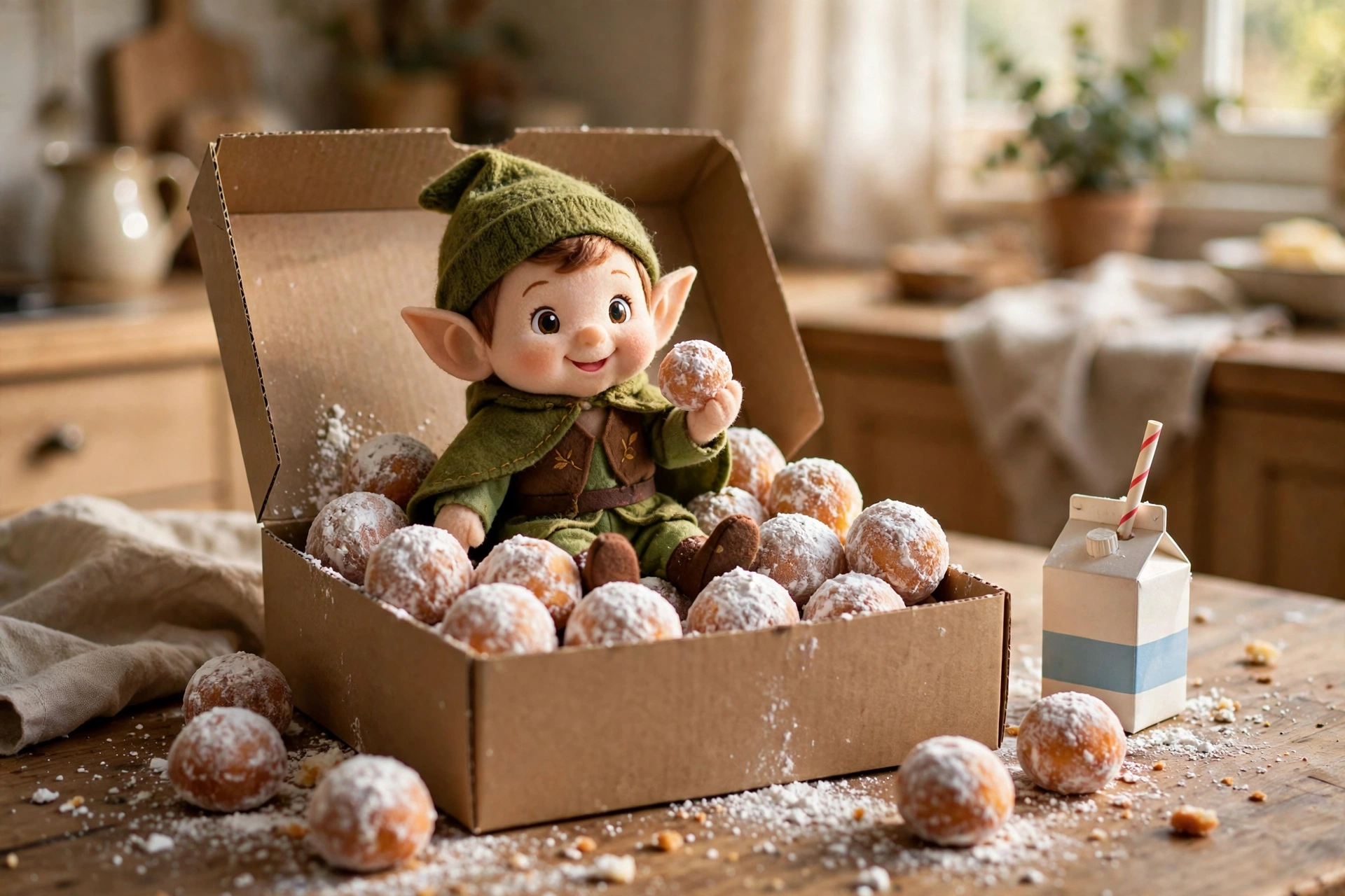 Elf on the Shelf with a donut hole breakfast