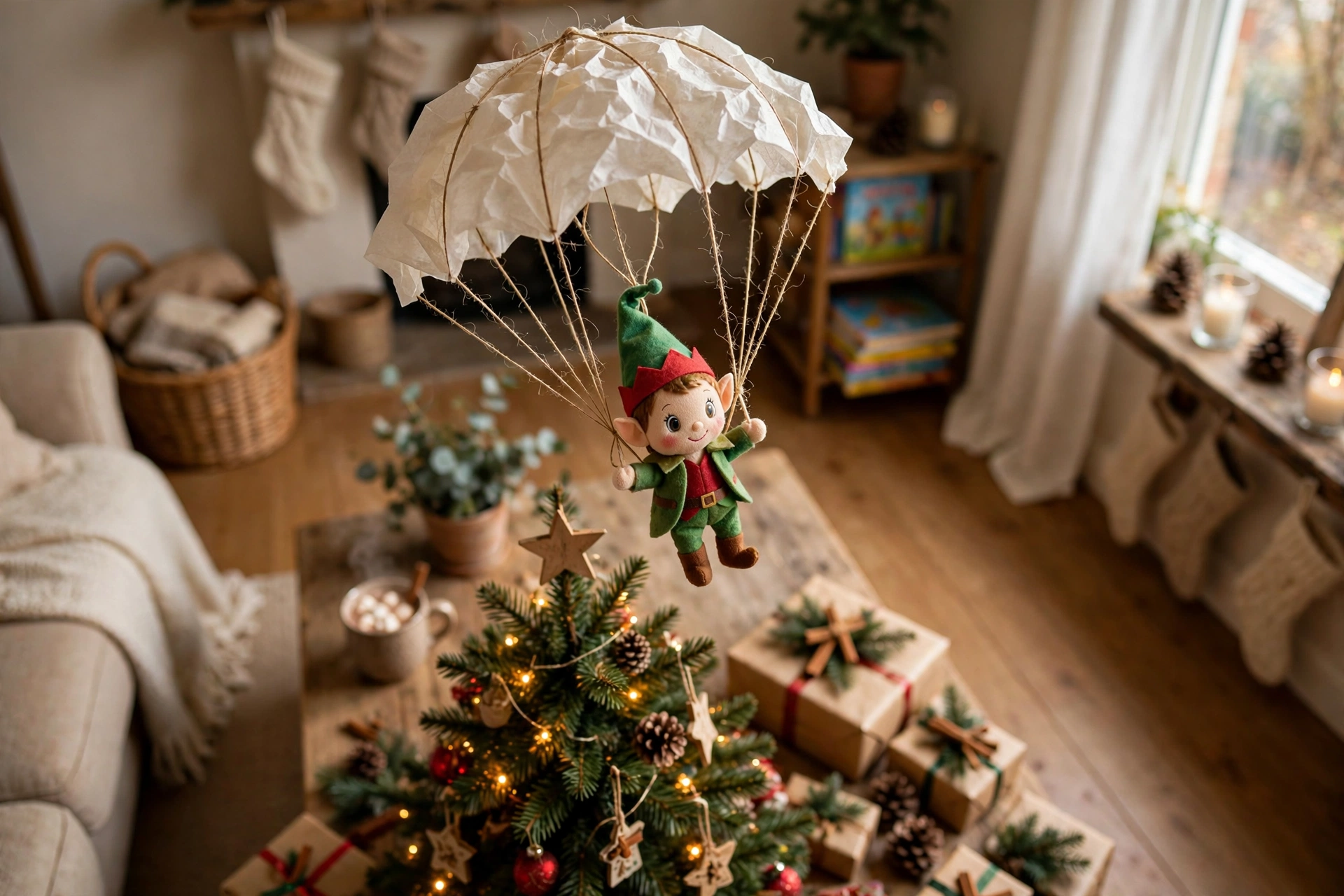 Elf on the Shelf parachuting from a napkin parachute