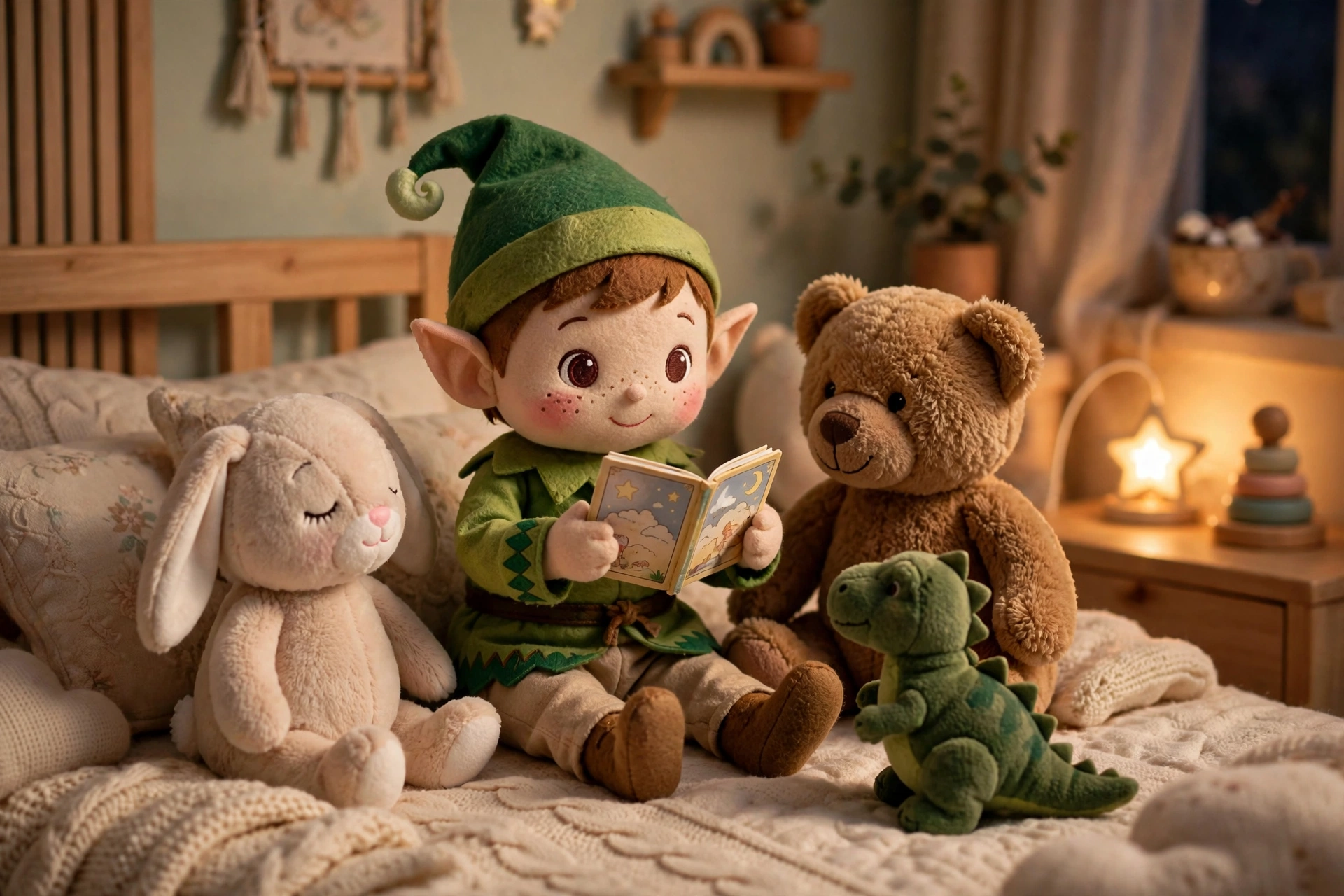 Elf on the Shelf reading a bedtime story to stuffed animals