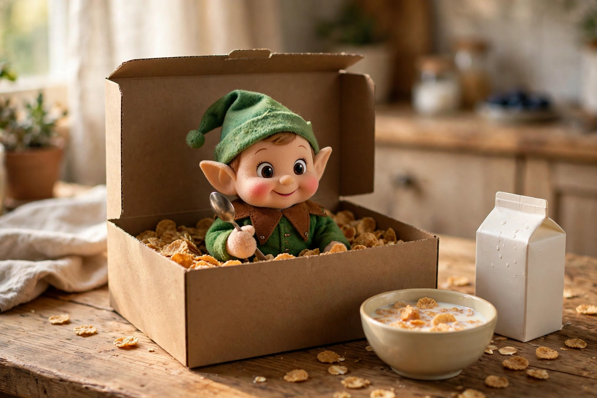 Elf on the Shelf inside a cereal box house