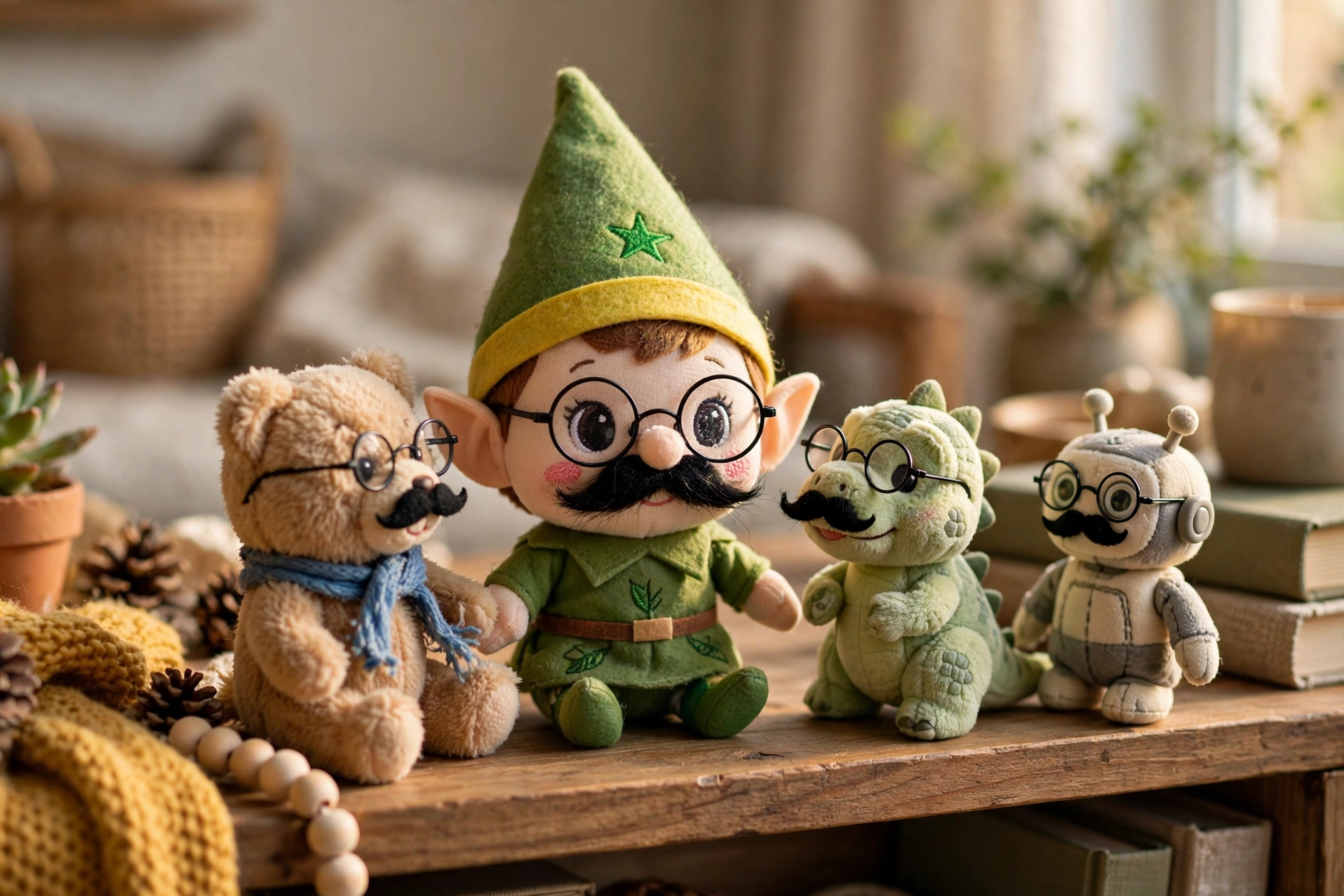 Elf on the Shelf and toy animals wearing paper mustache disguises
