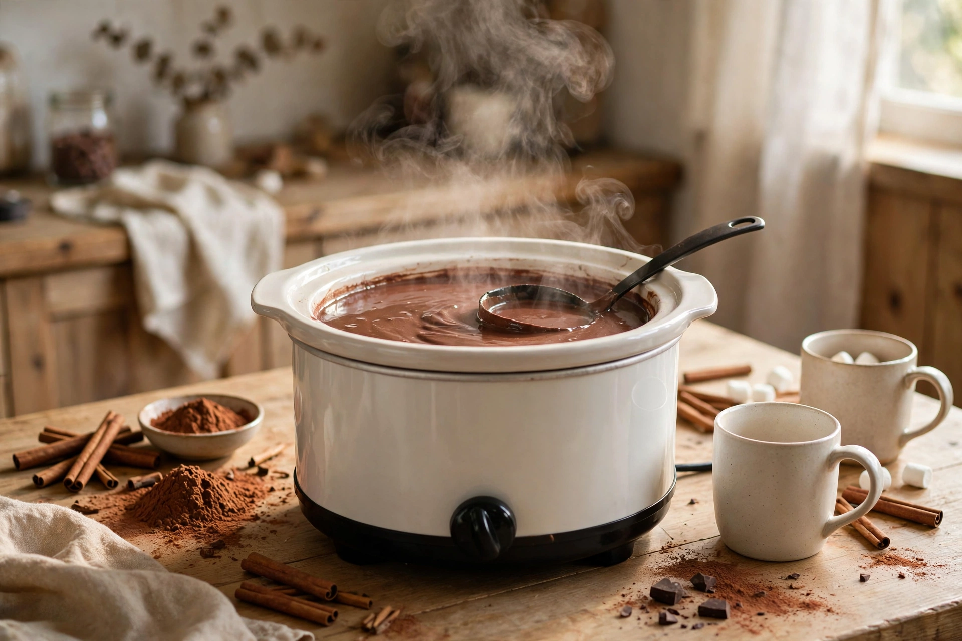 Slow cooker filled with creamy hot cocoa for a winter gathering