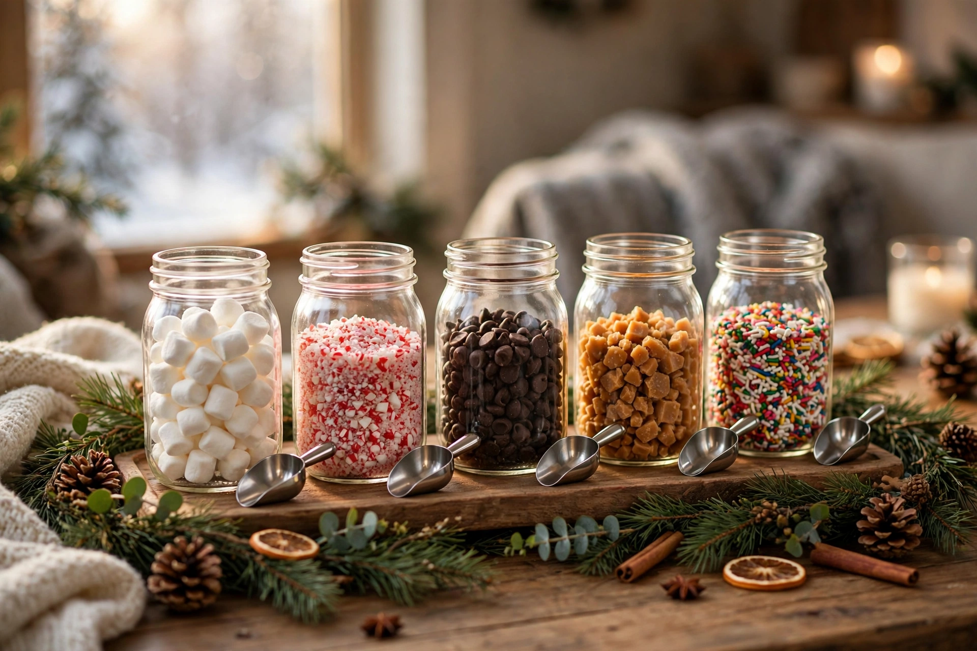 Mason jars filled with hot cocoa toppings like marshmallows and candy canes