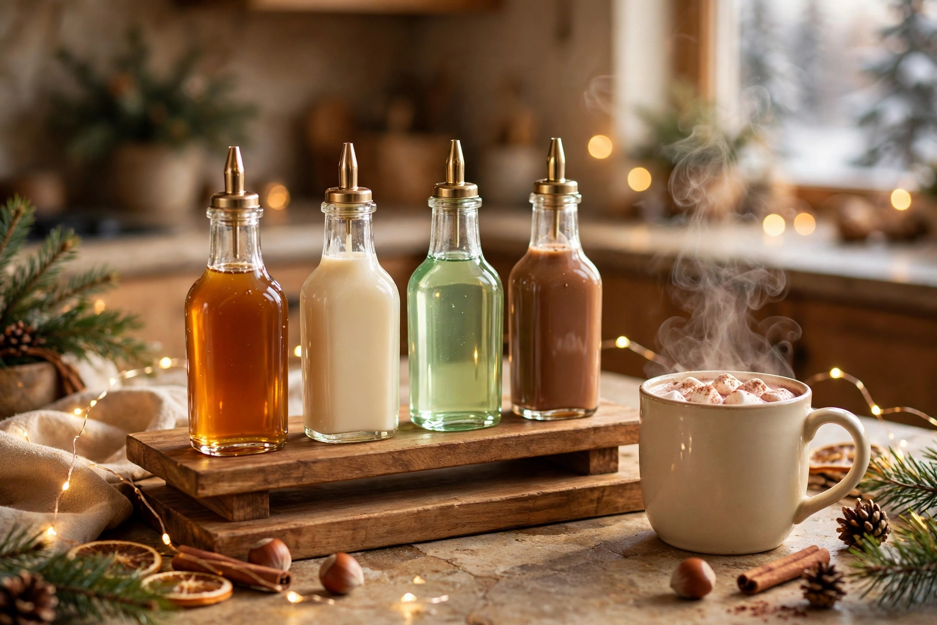 Bottles of flavored syrups for customizing hot cocoa drinks