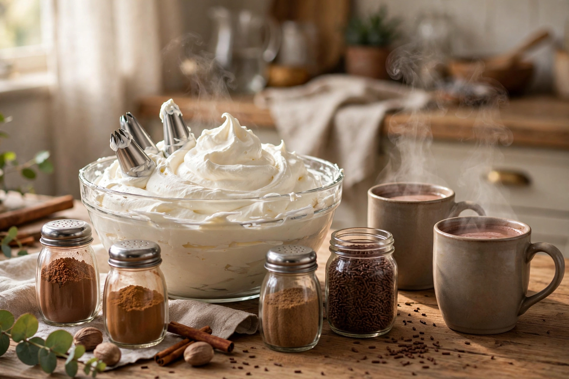 Bowl of fresh whipped cream with a piping bag for hot cocoa mugs